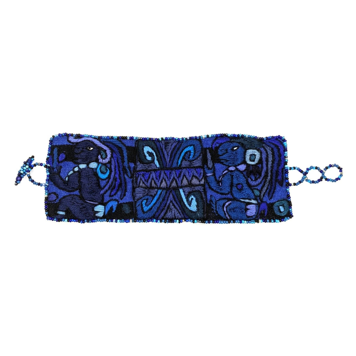 Blues Maya Gods and Symbols Hand - Embroidered Bracelet with Glass Beads Closure - A Thread of Hope Guatemalan Fair Trade