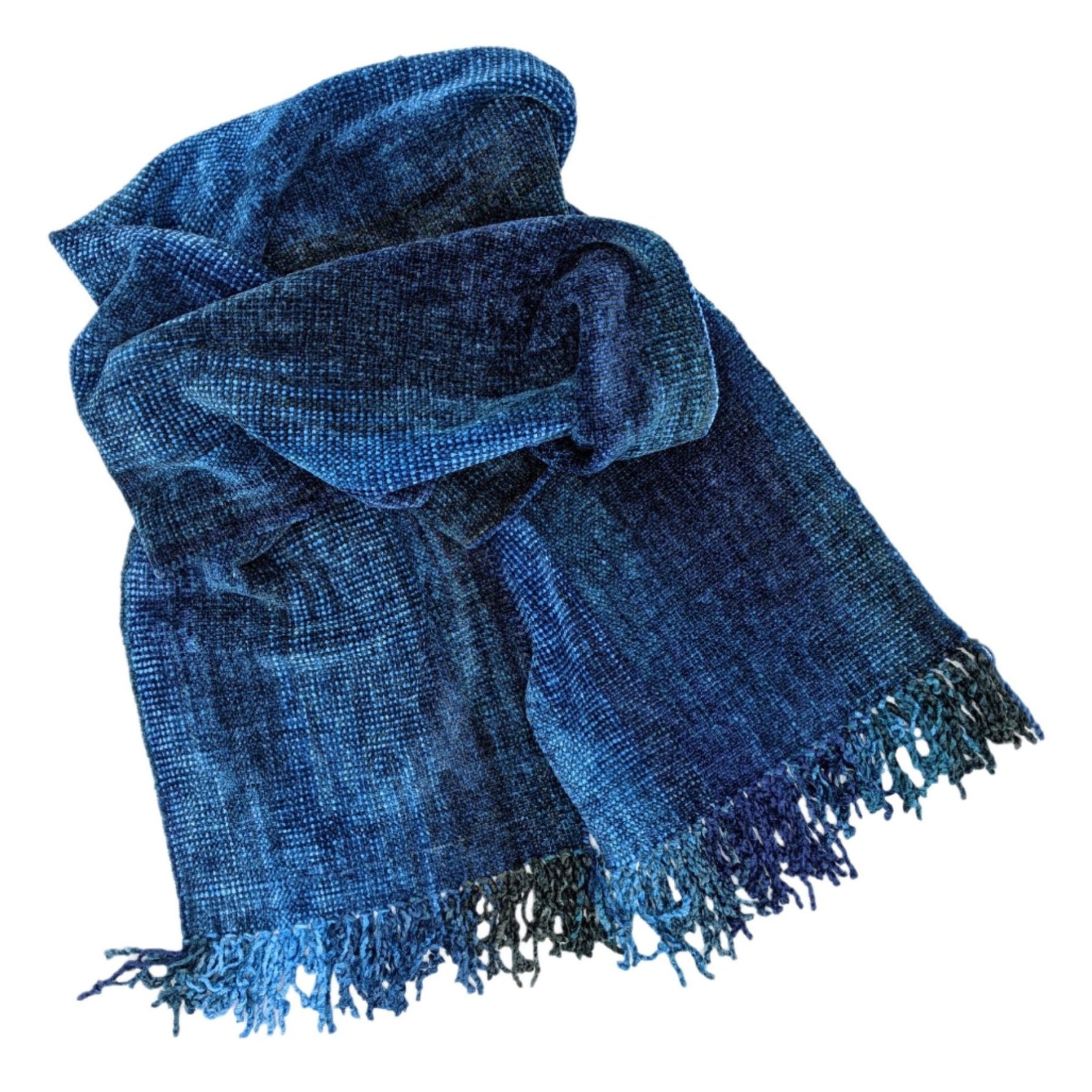 Blues with Dark Gray Bamboo Chenille Handwoven Scarf 8 x 68 - A Thread of Hope Guatemalan Fair Trade