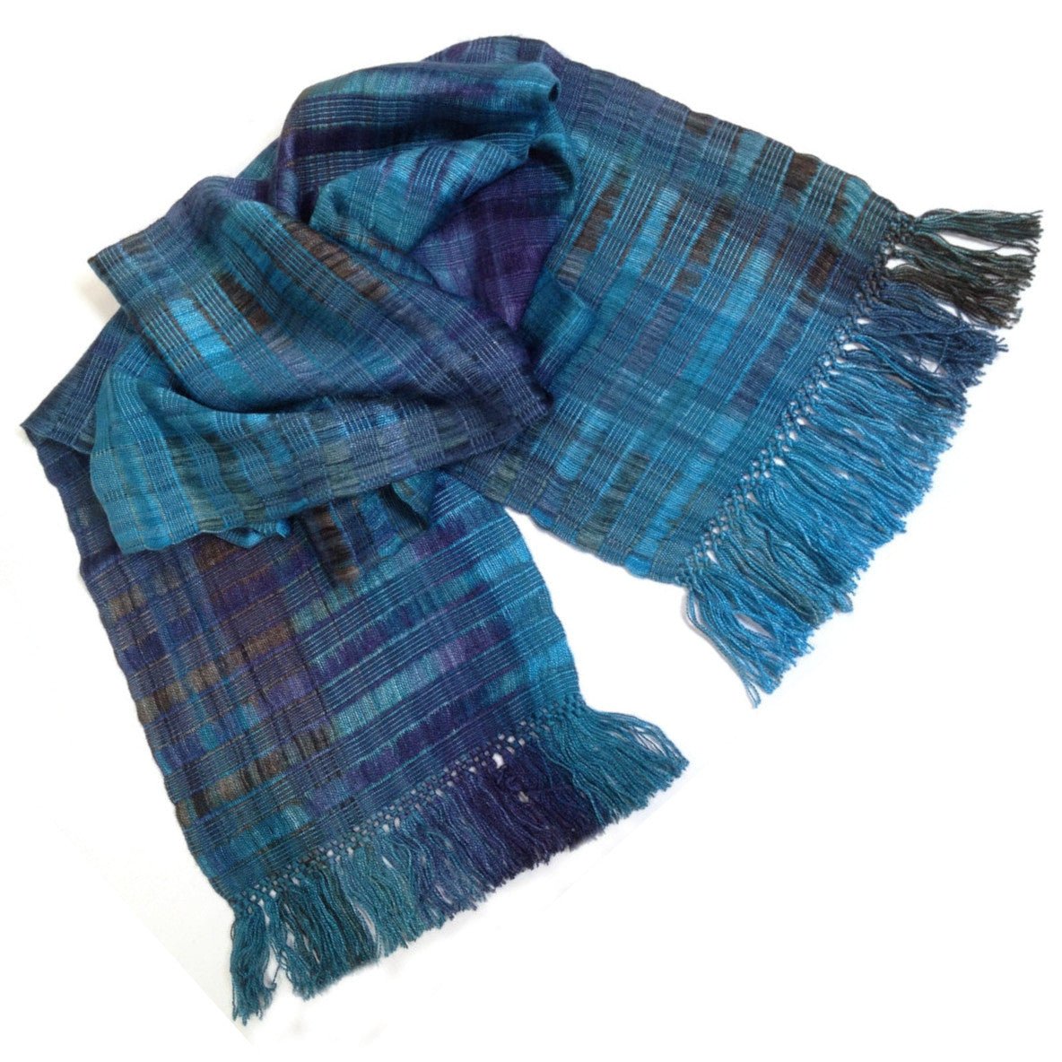 Blues with Dark Gray Lightweight Bamboo Open - Weave Handwoven Scarf 8 x 68 - A Thread of Hope Guatemalan Fair Trade