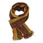 Brown, Gold, and Olive Stripes with Ornamental Yarn Accents Handwoven Bamboo Chenille Handwoven Scarf 8 x 68 - A Thread of Hope Guatemalan Fair Trade