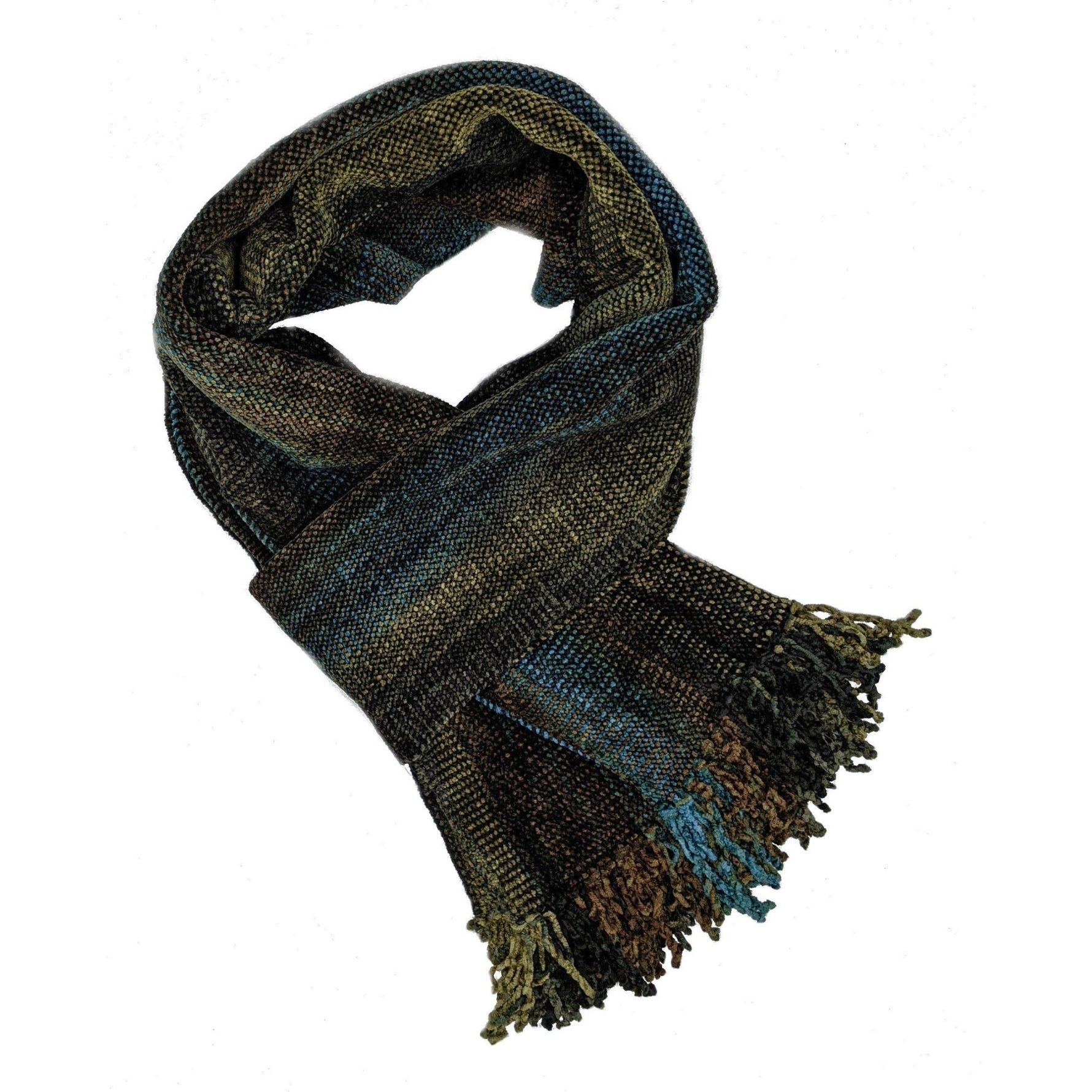 Browns with Turquoise Bamboo Chenille Handwoven Scarf 8 x 68 - A Thread of Hope Guatemalan Fair Trade