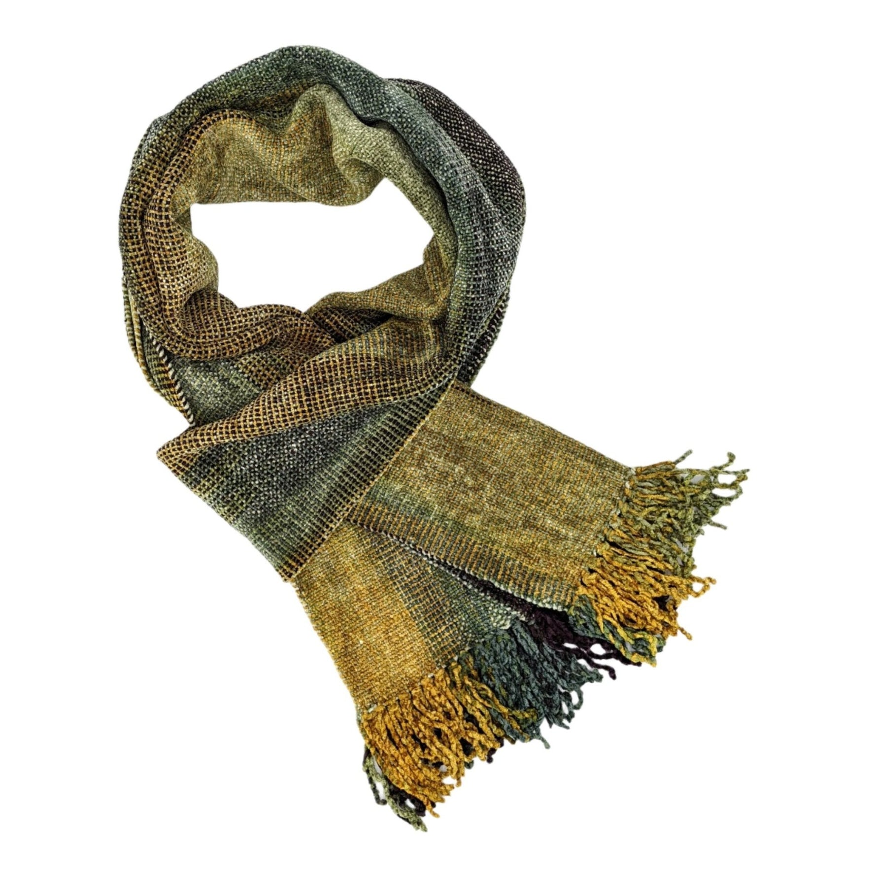 Dark Maroon, Gray, Gold and Olive Bamboo Chenille Handwoven Scarf 8 x 68 - A Thread of Hope Guatemalan Fair Trade