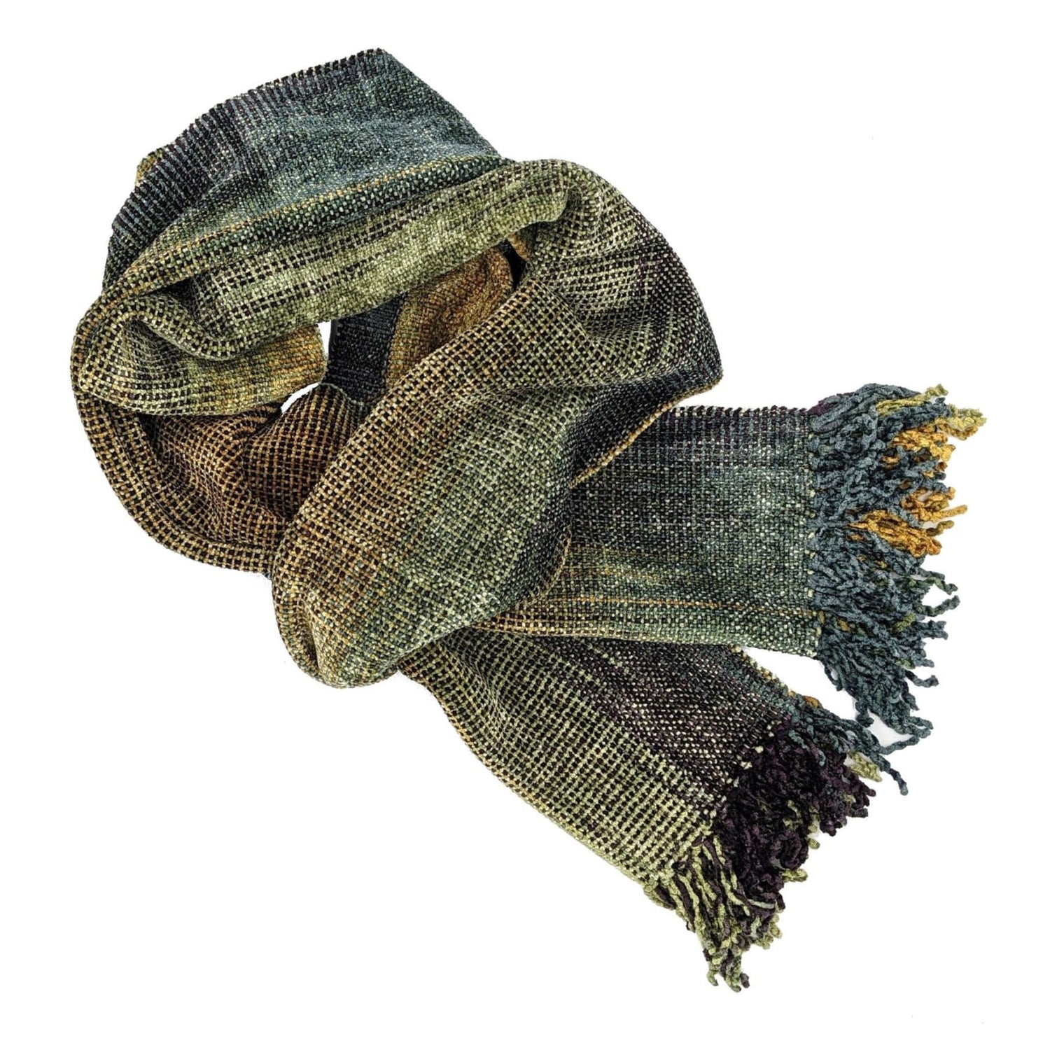 Dark Maroon, Gray, Gold and Olive Bamboo Chenille Handwoven Scarf 8 x 68 - A Thread of Hope Guatemalan Fair Trade