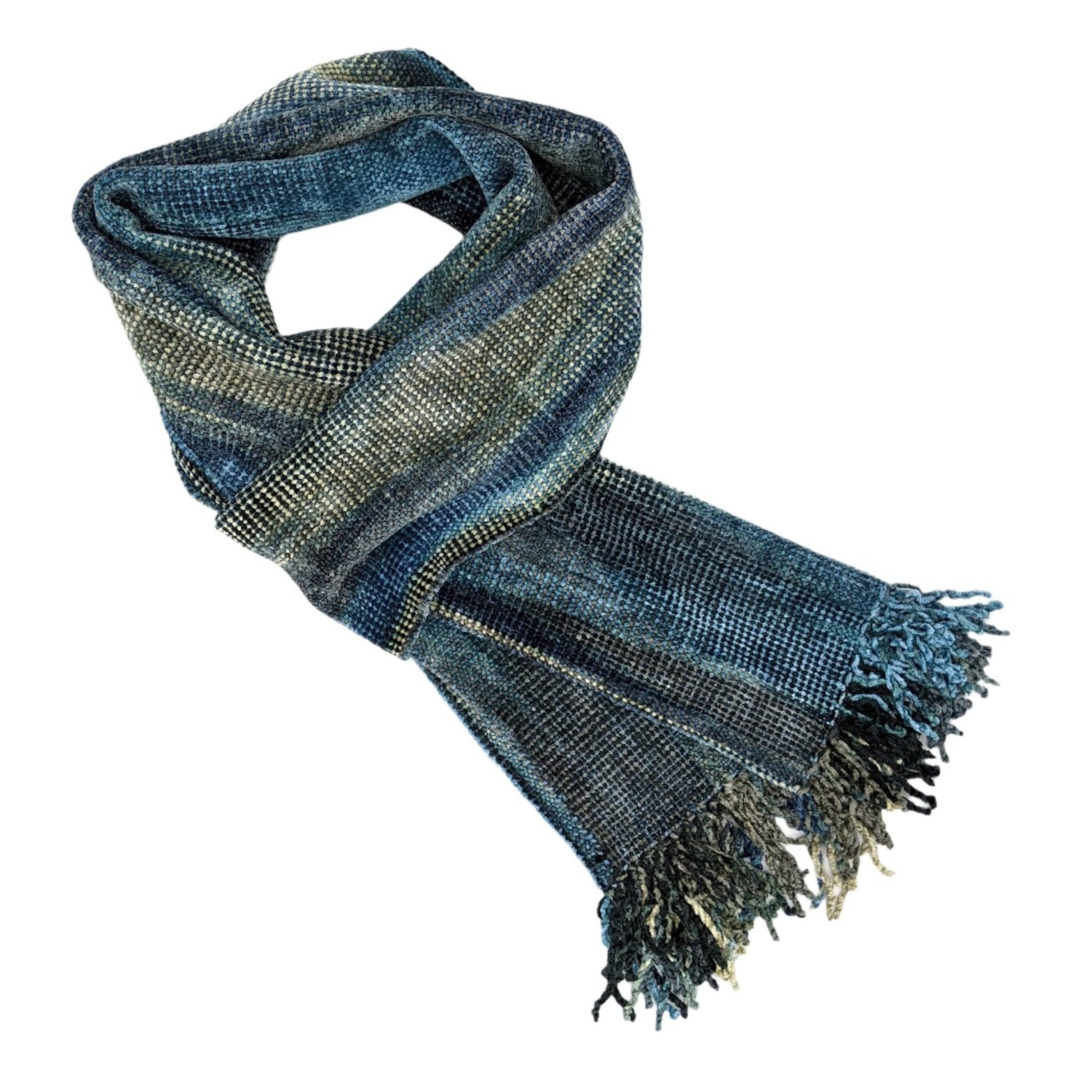 Denim (Blue, Black, Cream and Gray) Bamboo Chenille Handwoven Scarf 8 x 68 - A Thread of Hope Guatemalan Fair Trade