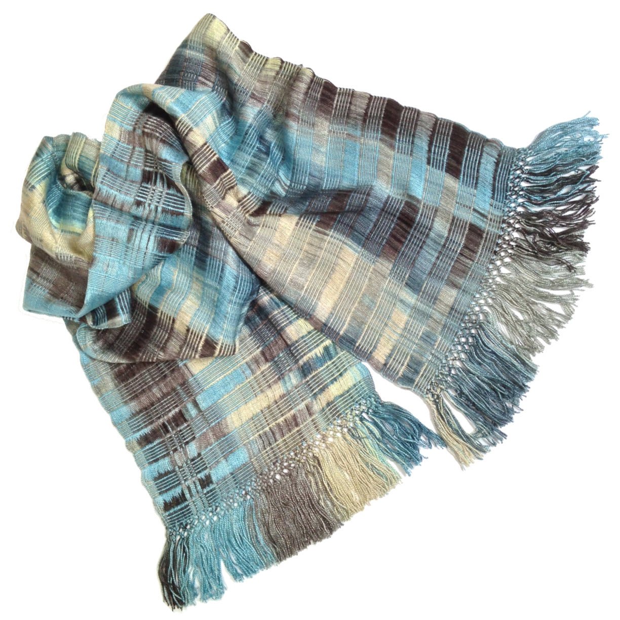 Denim (Blue, Black, Cream and Gray) Lightweight Bamboo Open - Weave Handwoven Scarf 8 x 68 - A Thread of Hope Guatemalan Fair Trade