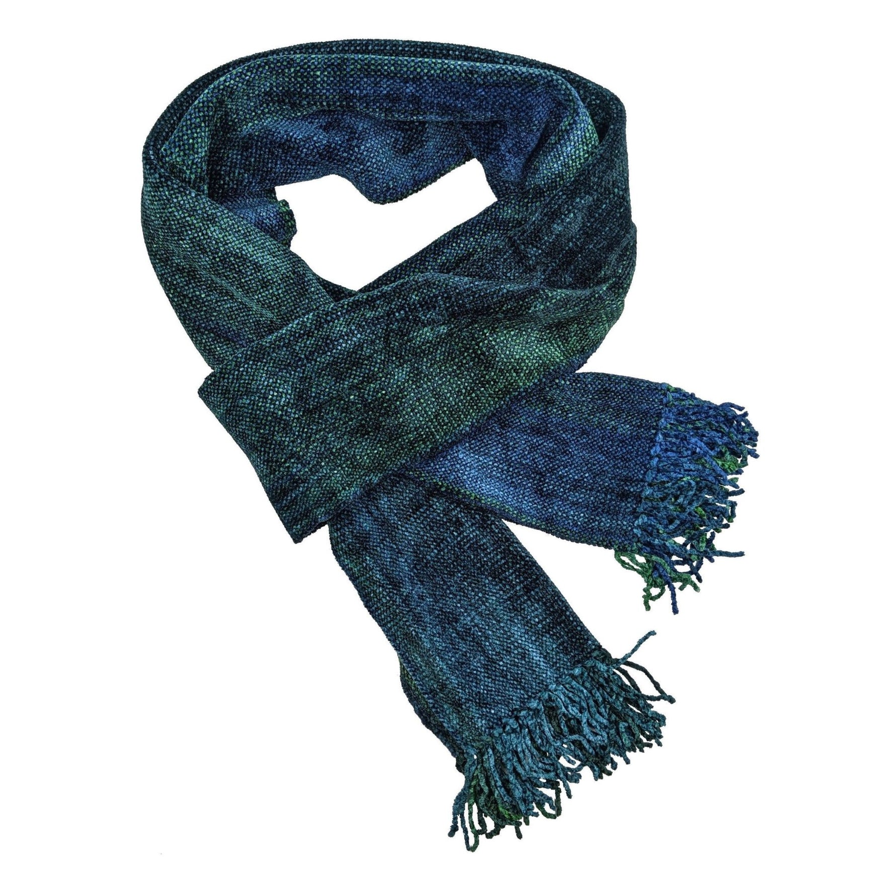 Emerald Green and Sapphire Blue Bamboo Chenille Handwoven Scarf 8 x 68 - A Thread of Hope Guatemalan Fair Trade