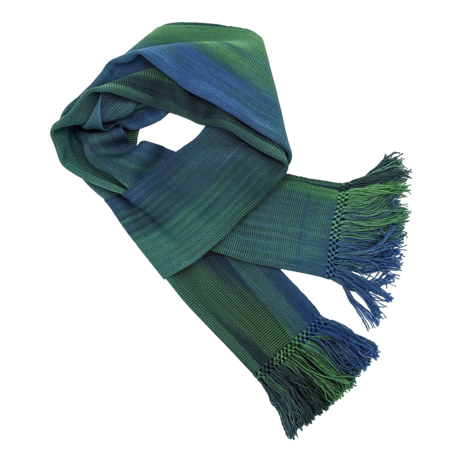 Emerald Green and Sapphire Blue Lightweight Bamboo Handwoven Scarf 8 x 68 - A Thread of Hope Guatemalan Fair Trade