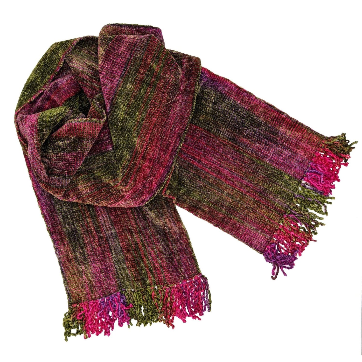 Fuchsia, Olive and Purple Bamboo Chenille Handwoven Scarf 8 x 68 - A Thread of Hope Guatemalan Fair Trade