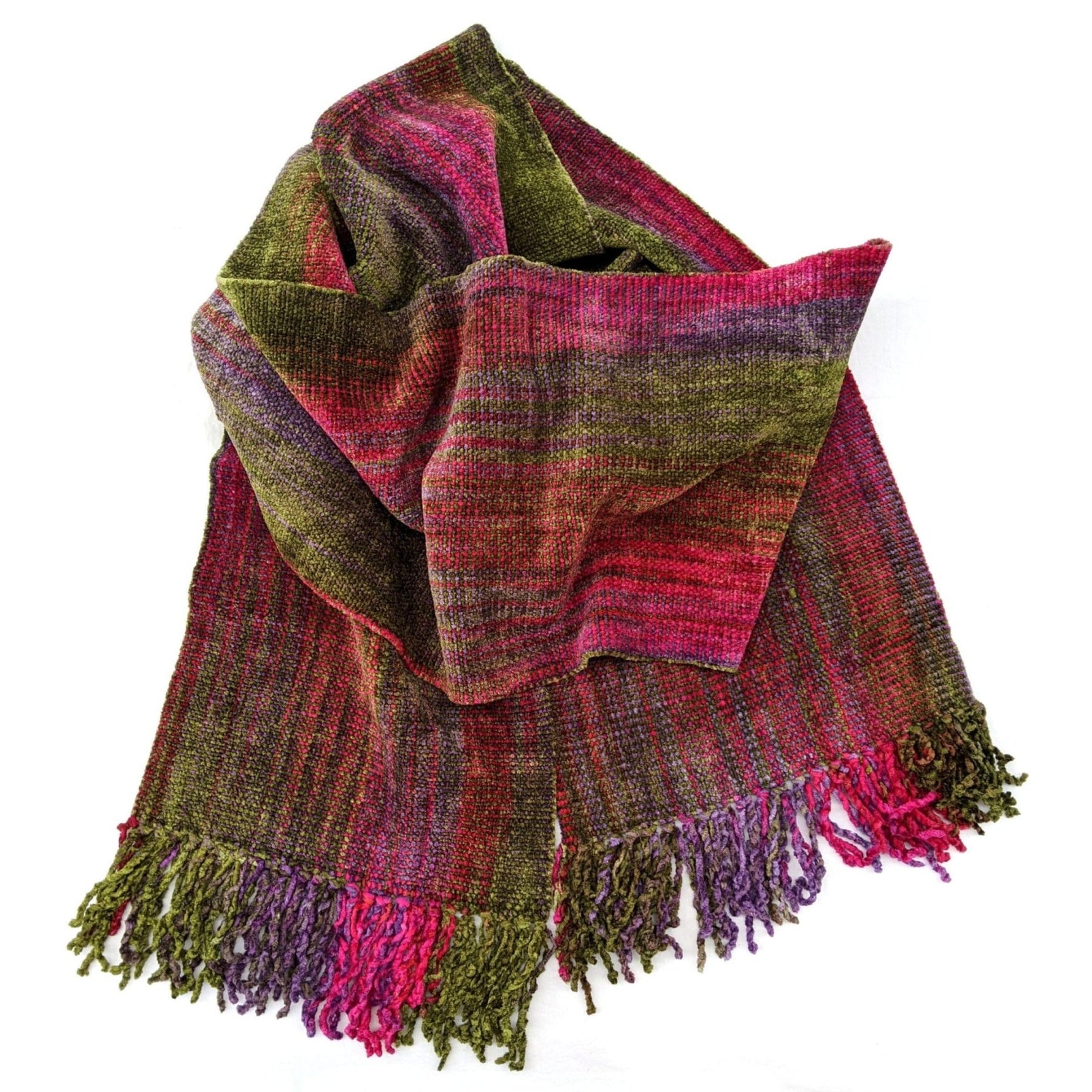 Fuchsia, Olive and Purple Bamboo Chenille Handwoven Scarf 8 x 68 - A Thread of Hope Guatemalan Fair Trade