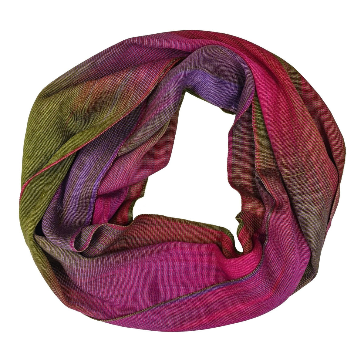 Fuchsia, Olive and Purple Lightweight Bamboo Handwoven Infinity Scarf 11 x 68 - A Thread of Hope Guatemalan Fair Trade