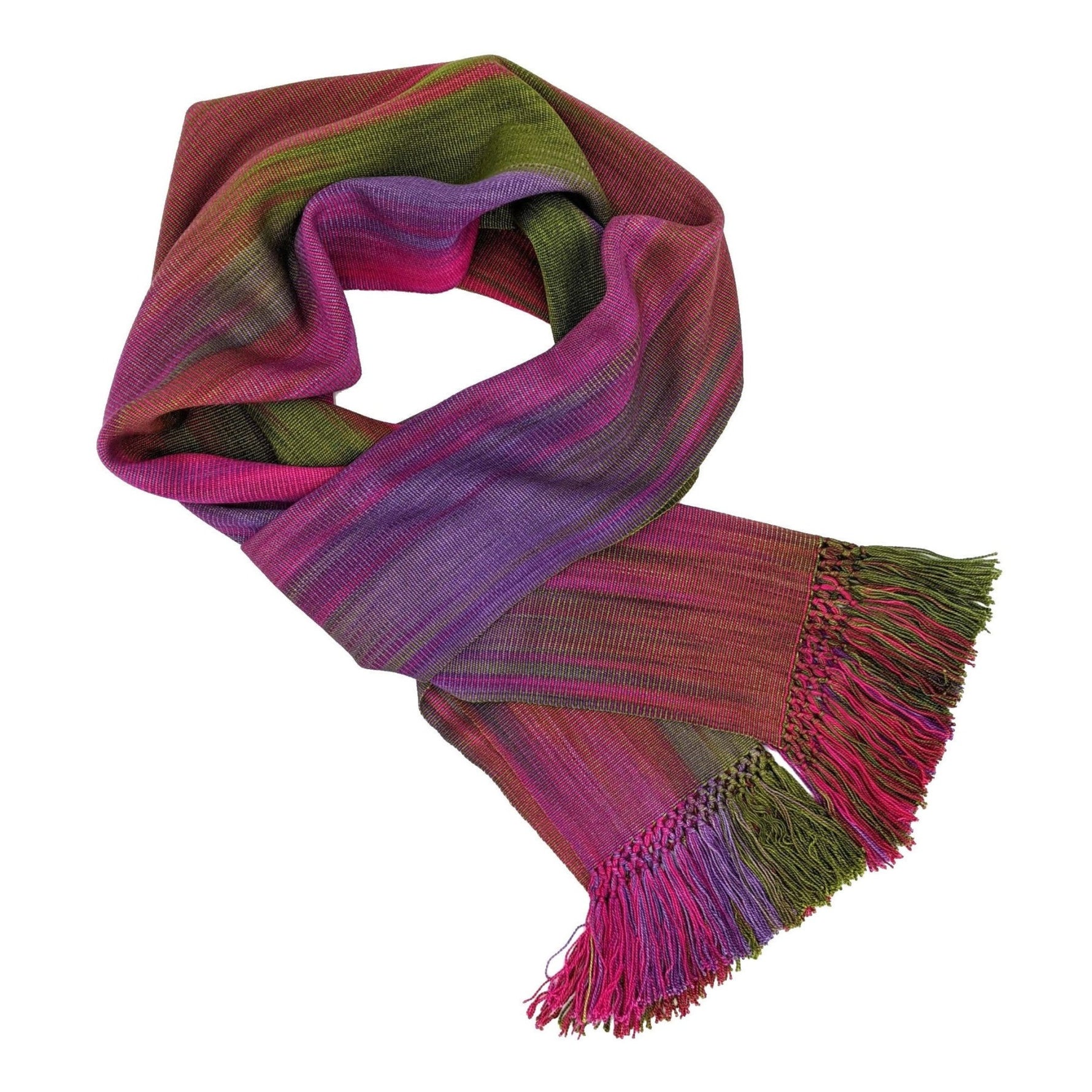 Fuchsia, Olive and Purple Lightweight Bamboo Handwoven Scarf 8 x 68 - A Thread of Hope Guatemalan Fair Trade