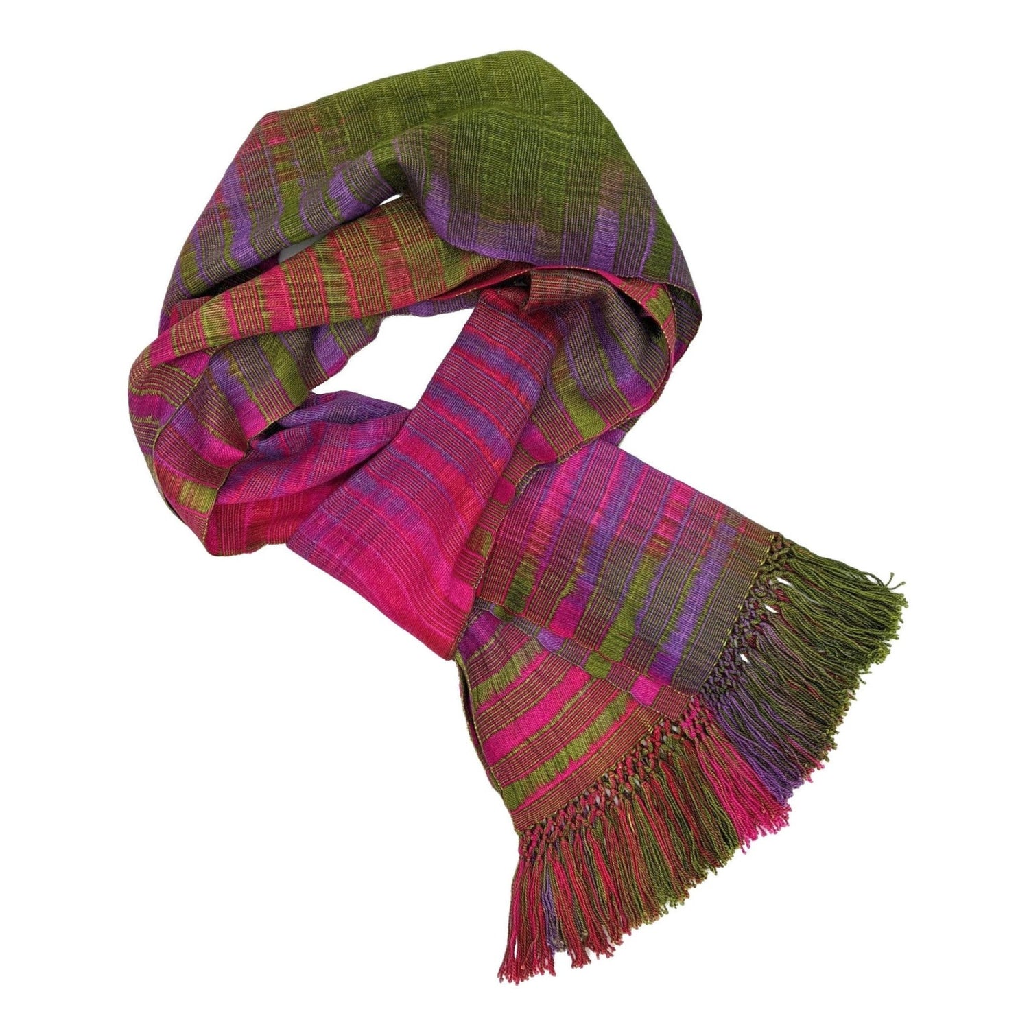 Fuchsia, Olive and Purple Lightweight Bamboo Open - Weave Handwoven Scarf 8 x 68 - A Thread of Hope Guatemalan Fair Trade