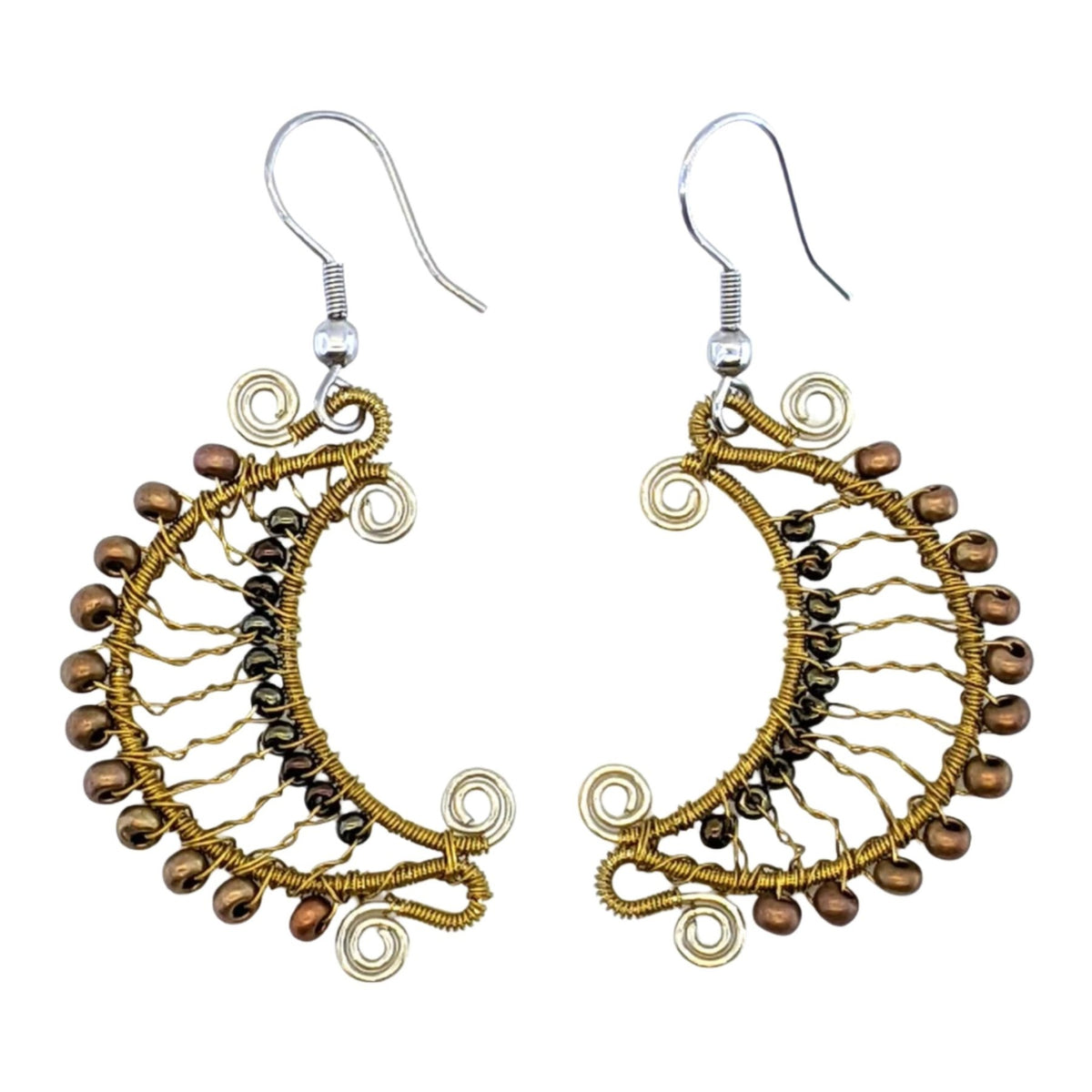 Gold and Browns Crescent Moon Beaded Earrings - A Thread of Hope Guatemalan Fair Trade