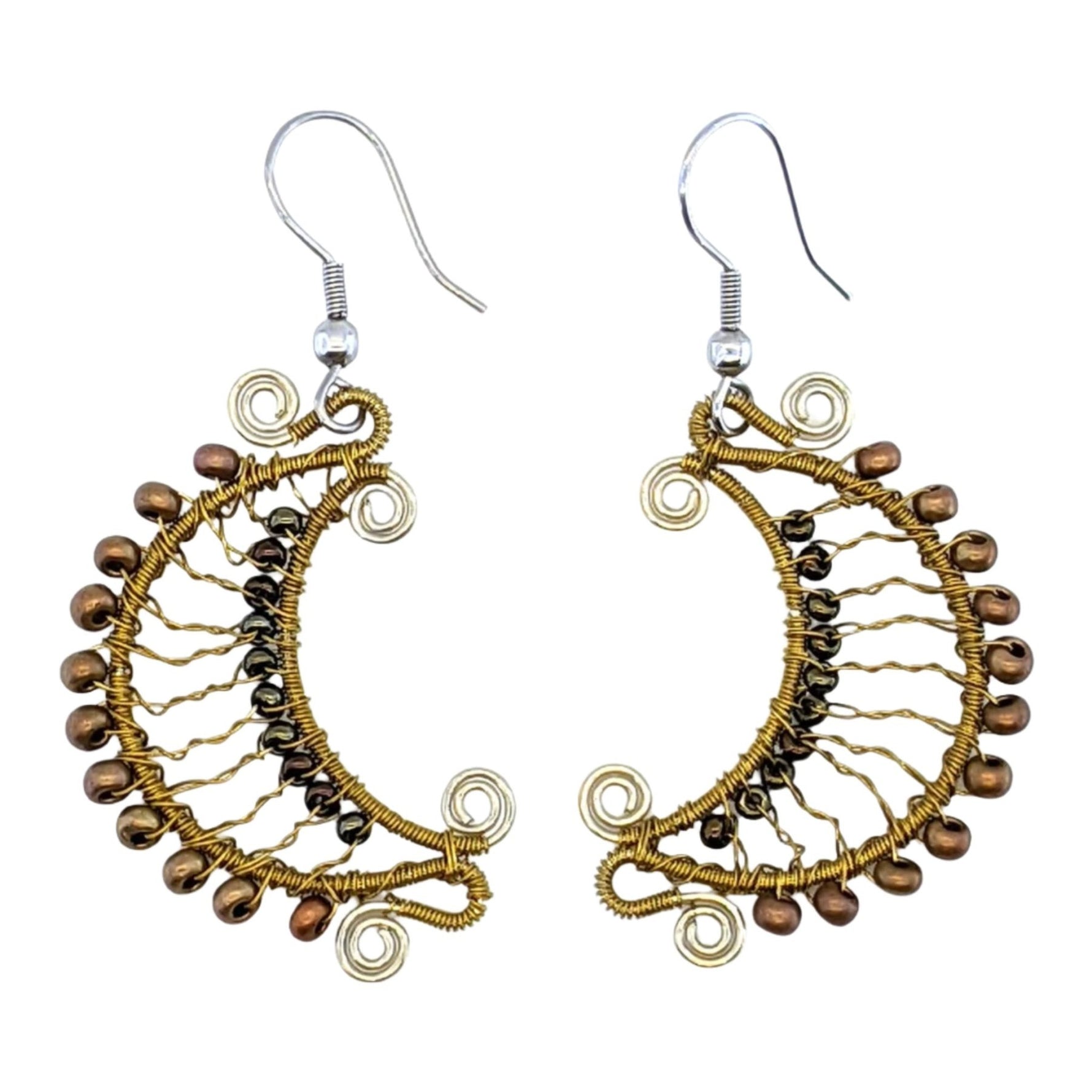 Gold and Browns Crescent Moon Beaded Earrings - A Thread of Hope Guatemalan Fair Trade