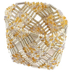 Gold and Whites Beaded Elastic Geometric Cuff - A Thread of Hope Guatemalan Fair Trade