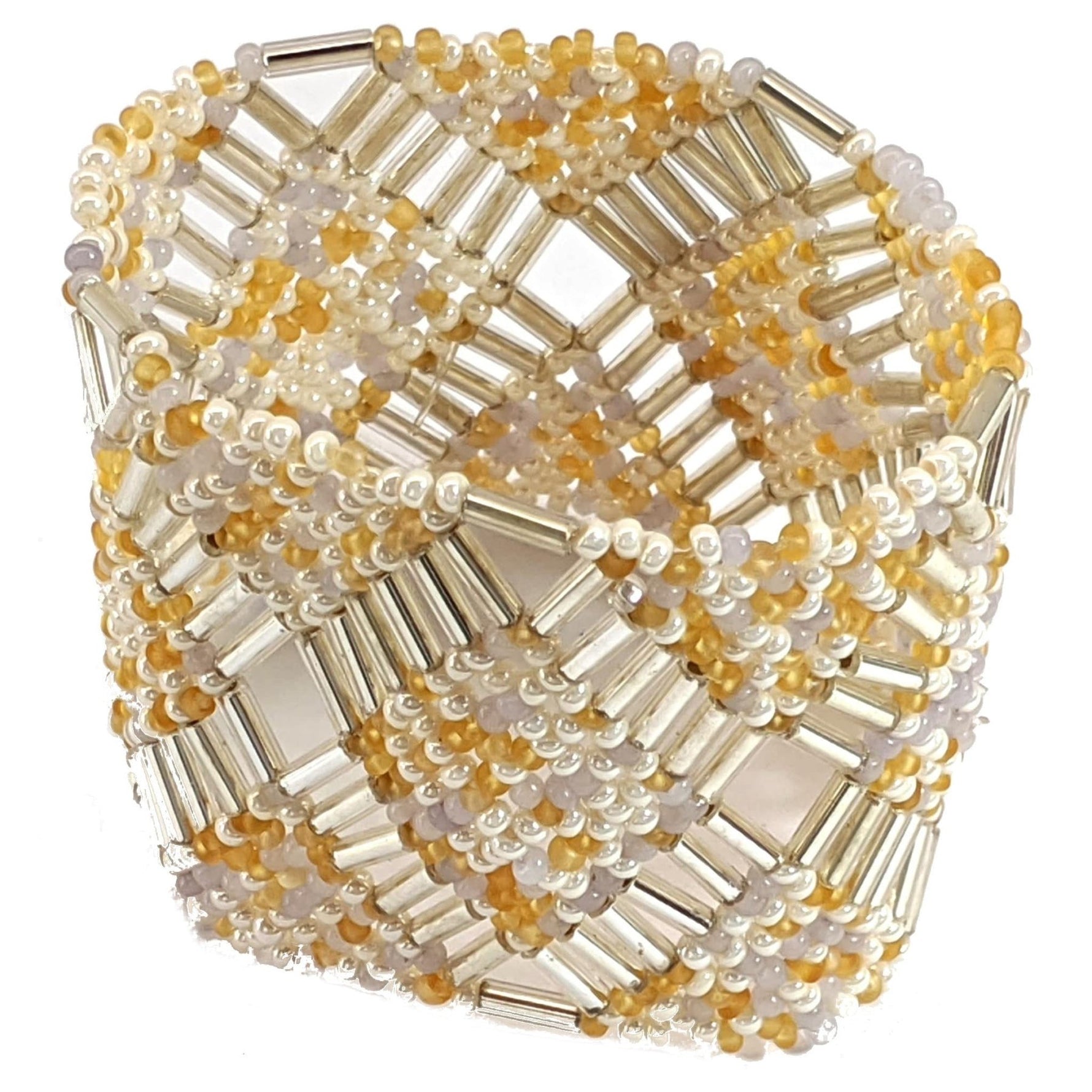 Gold and Whites Beaded Elastic Geometric Cuff - A Thread of Hope Guatemalan Fair Trade