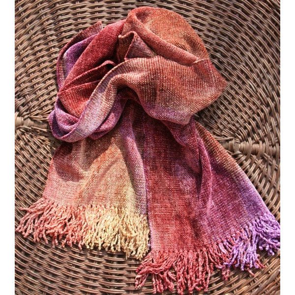 Gold, Orange, Coral and Purple Bamboo Chenille Handwoven Scarf 8 x 68 - A Thread of Hope Guatemalan Fair Trade