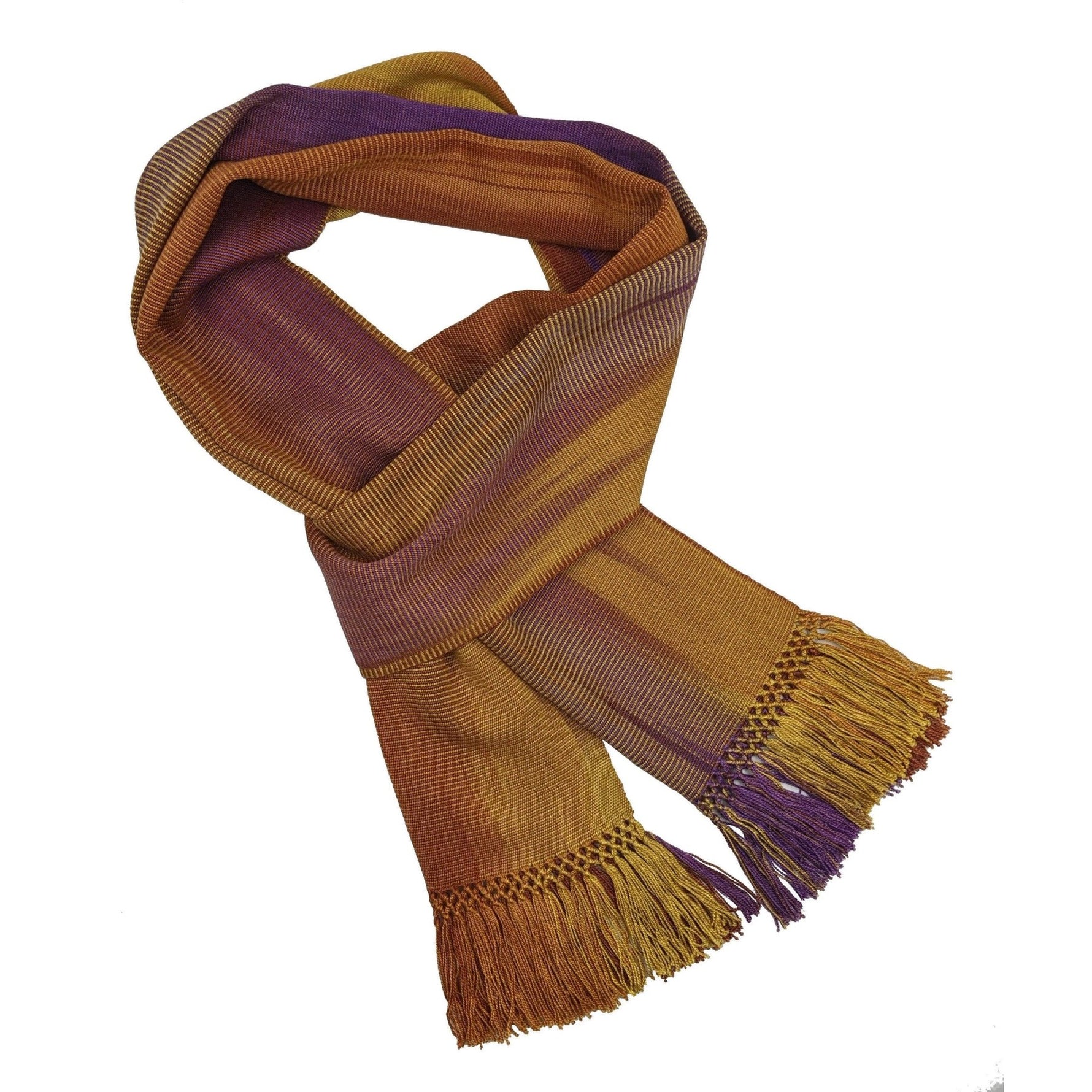 Gold, Orange, Coral and Purple Lightweight Bamboo Handwoven Scarf 8 x 68 - A Thread of Hope Guatemalan Fair Trade