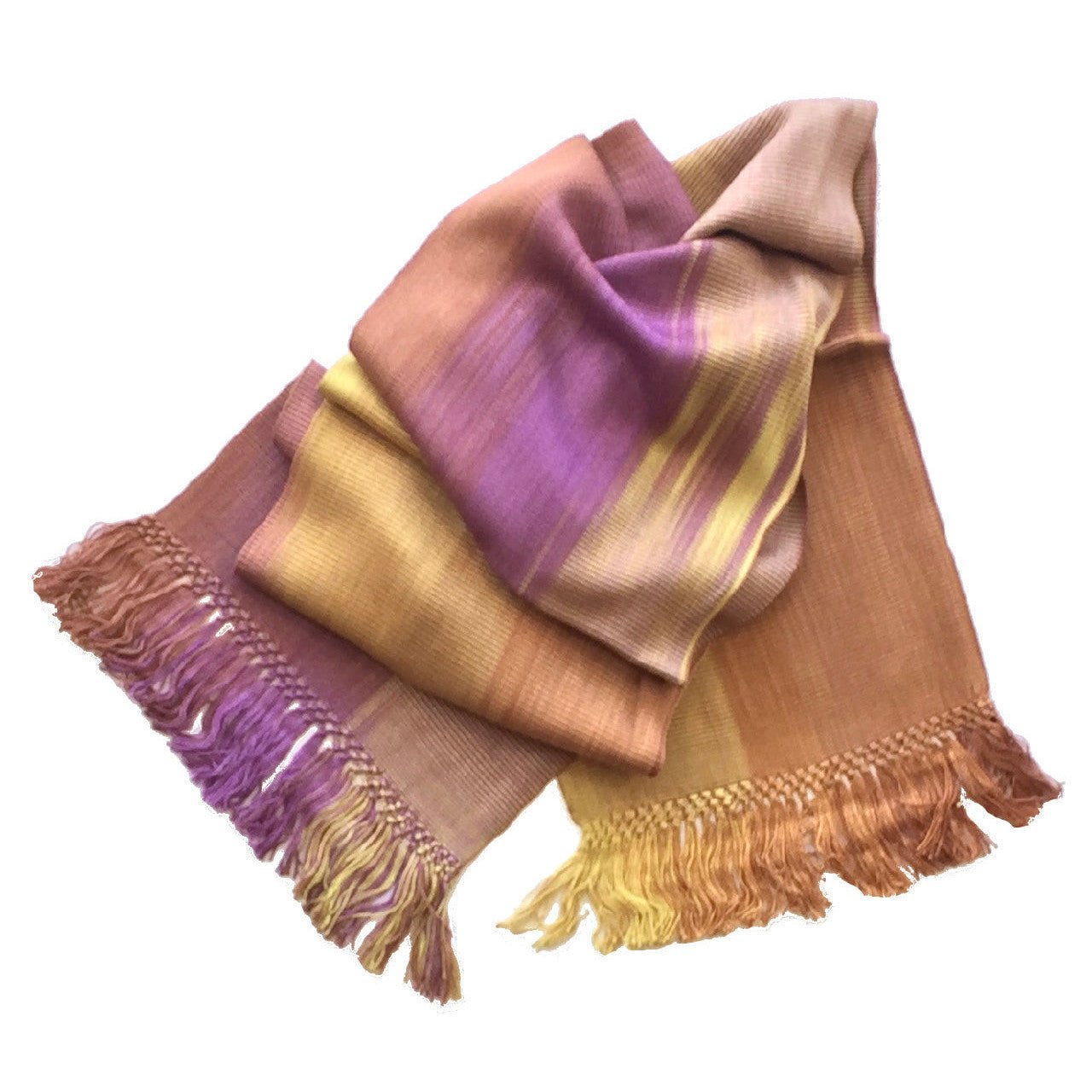 Gold, Orange, Coral and Purple Lightweight Bamboo Handwoven Scarf 8 x 68 - A Thread of Hope Guatemalan Fair Trade