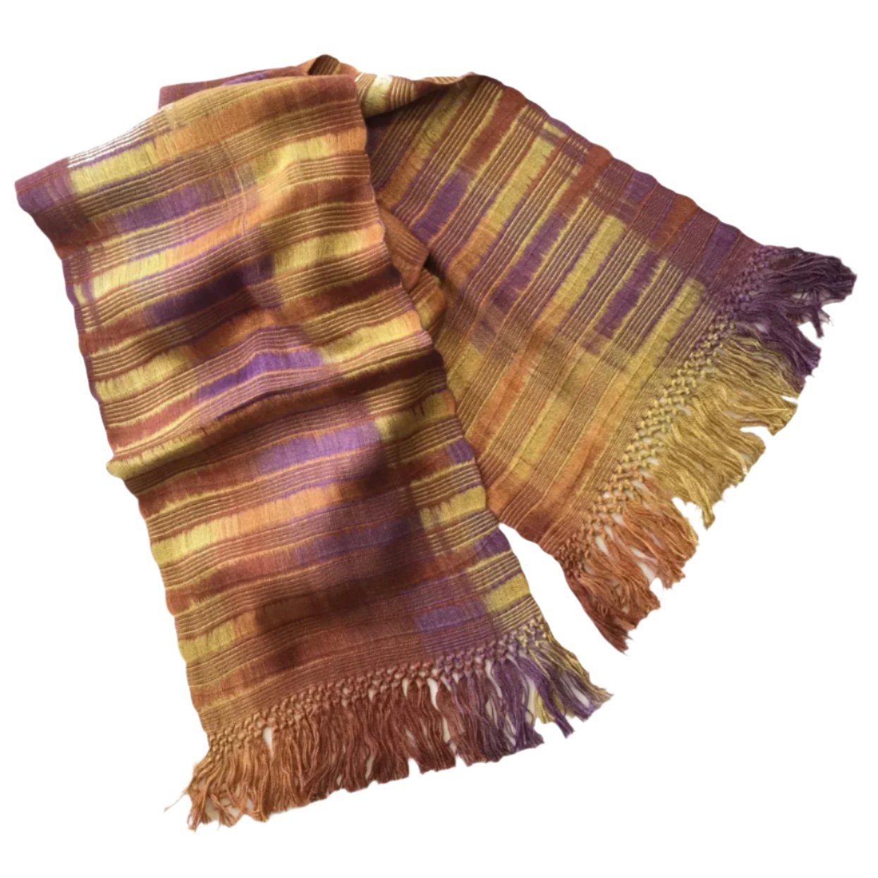 Gold, Orange, Coral and Purple Lightweight Bamboo Open - Weave Handwoven Scarf 8 x 68 - A Thread of Hope Guatemalan Fair Trade