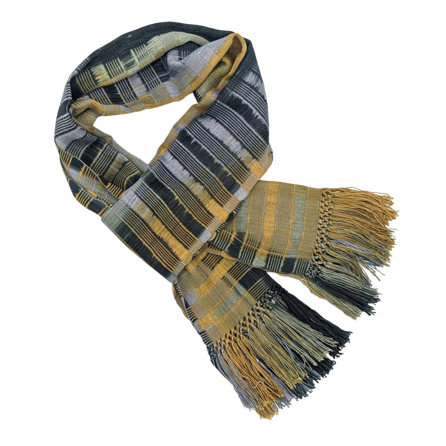 Gray, Gold and Black Lightweight Bamboo Open - Weave Handwoven Scarf 8 x 68 - A Thread of Hope Guatemalan Fair Trade