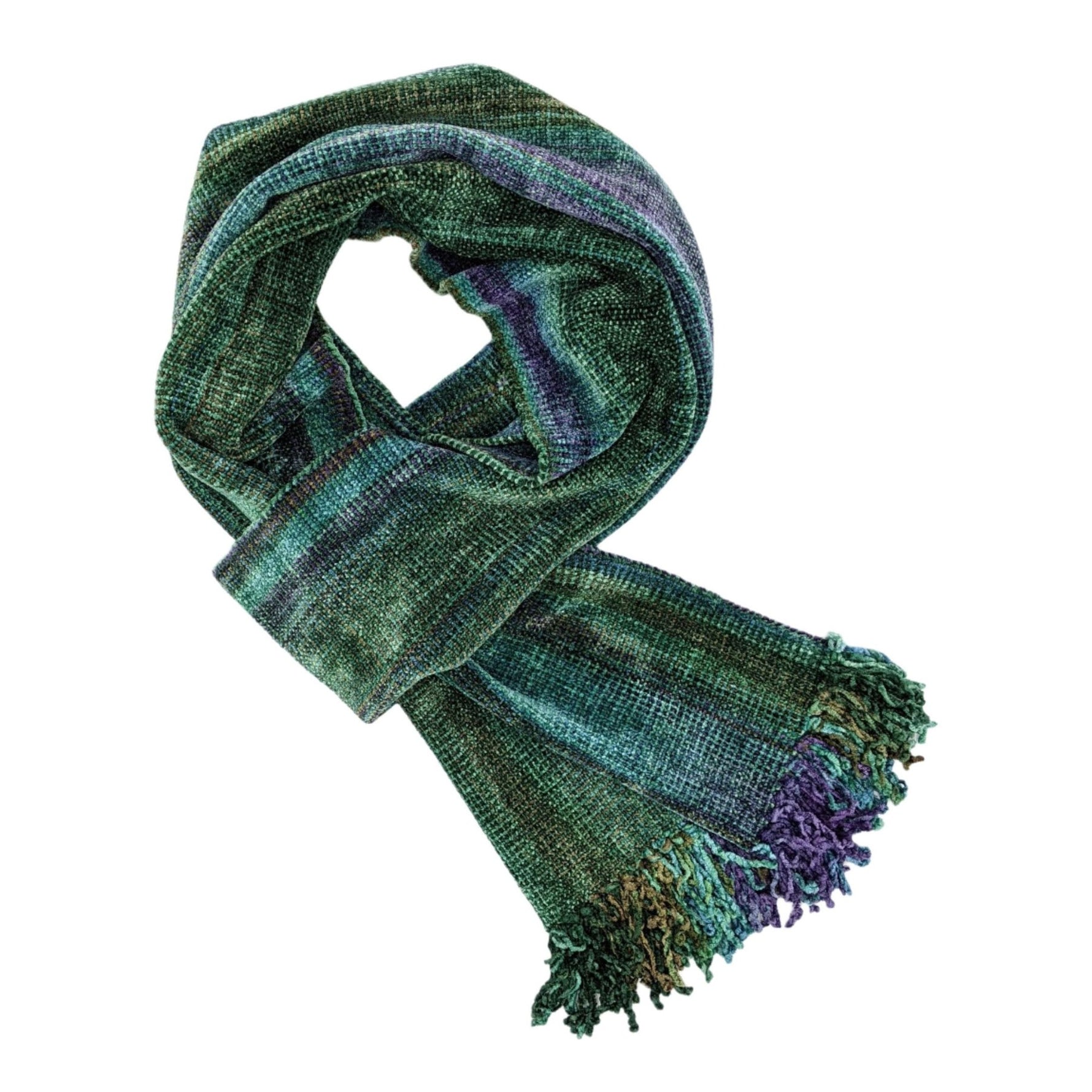 Green, Purple, Blue Bamboo Chenille Handwoven Scarf 8 x 68 - A Thread of Hope Guatemalan Fair Trade