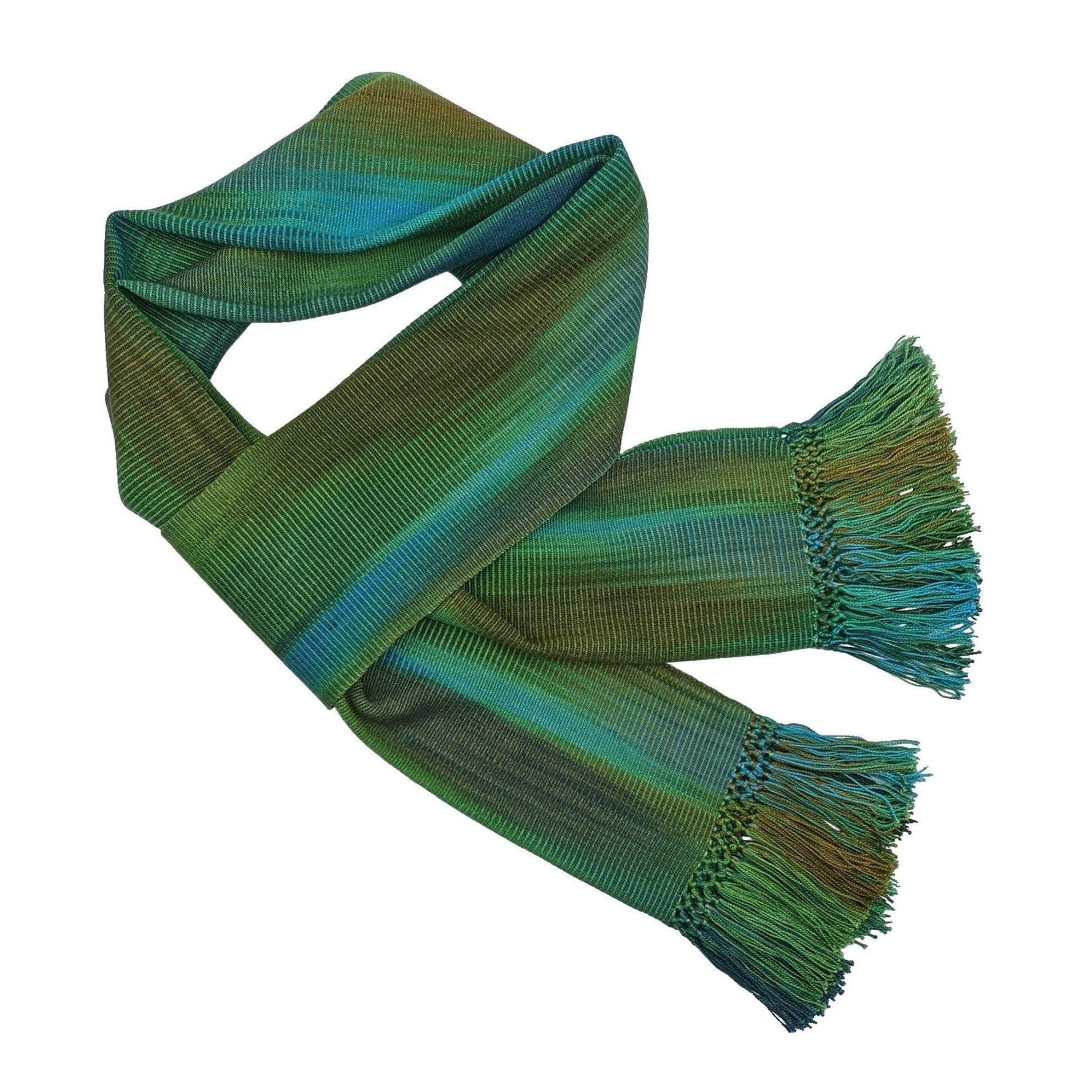 Green with Blue and Coffee Lightweight Bamboo Handwoven Scarf 8 x 68 - A Thread of Hope Guatemalan Fair Trade