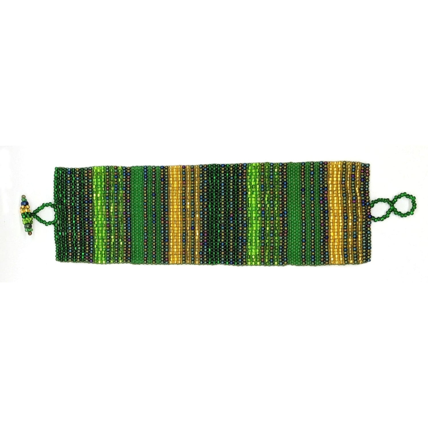 Greens and Gold Wide Woven Stripes Beaded Bracelet - A Thread of Hope Guatemalan Fair Trade