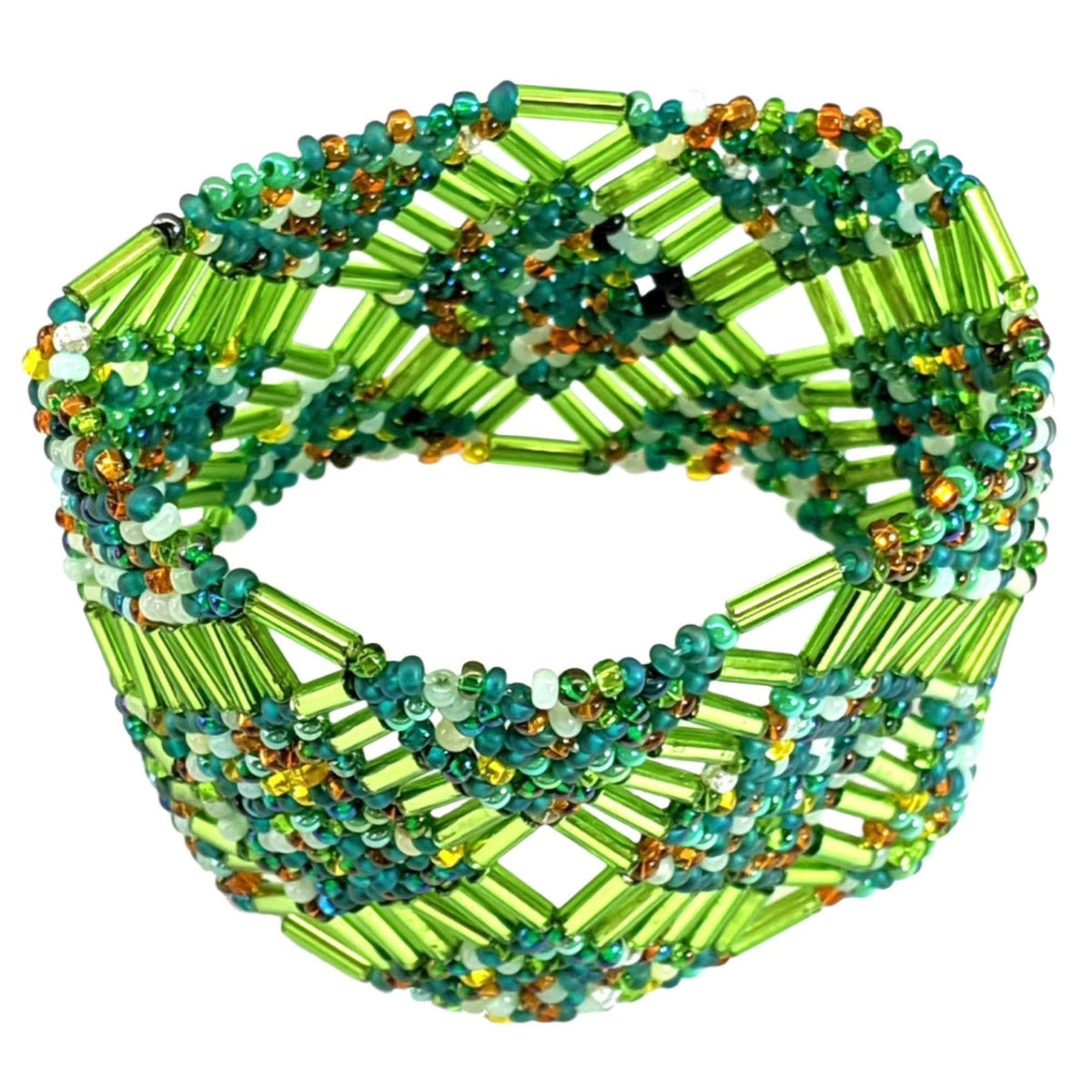 Greens Beaded Elastic Geometric Cuff - A Thread of Hope Guatemalan Fair Trade