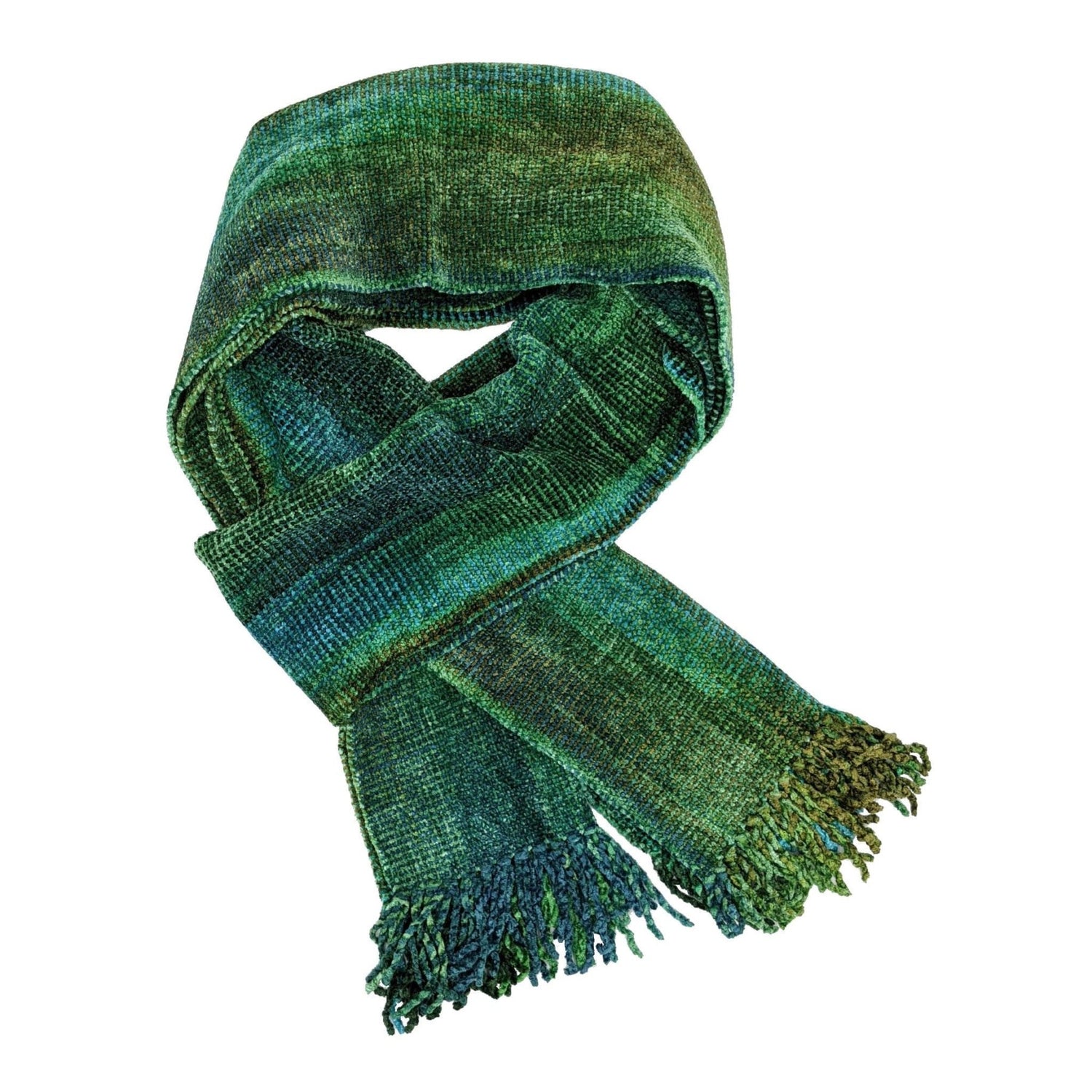 Greens, Blue, and Coffee Bamboo Chenille Handwoven Scarf 8 x 68 - A Thread of Hope Guatemalan Fair Trade