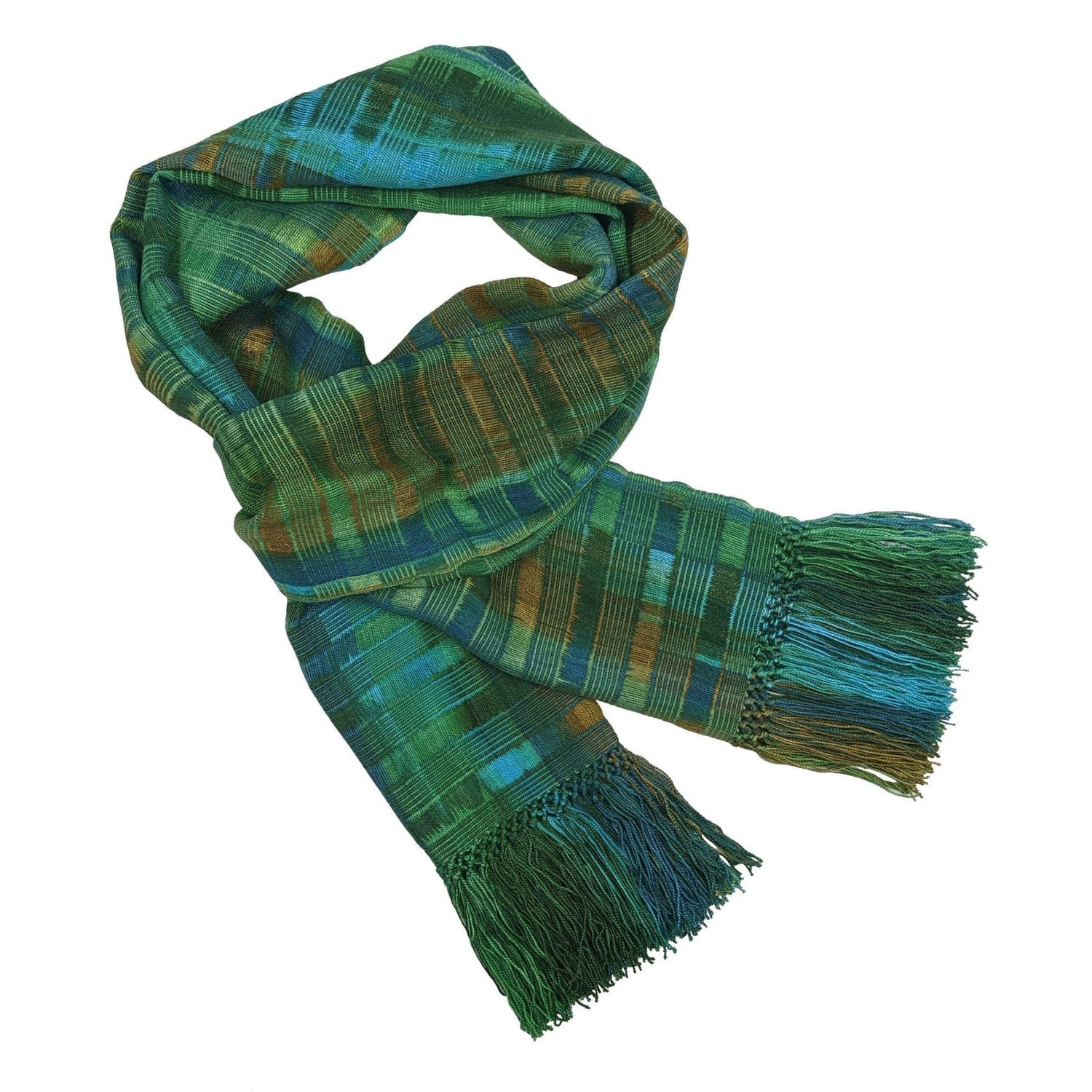 Greens, Blue, and Coffee Lightweight Bamboo Open - Weave Handwoven Scarf 8 x 68 - A Thread of Hope Guatemalan Fair Trade