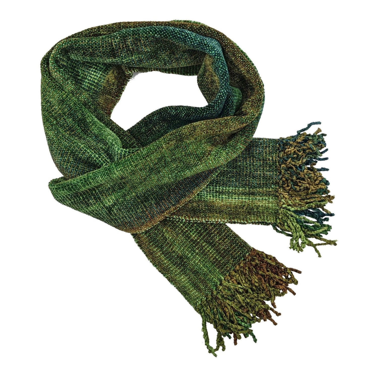 Greens, Brown and Copper Bamboo Chenille Handwoven Scarf 8 x 68 - A Thread of Hope Guatemalan Fair Trade