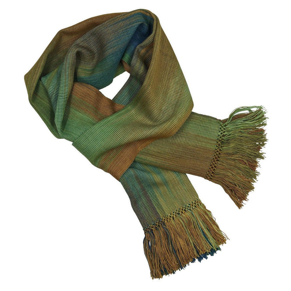 Greens, Browns, and Copper Lightweight Bamboo Handwoven Scarf 8 x 68 - A Thread of Hope Guatemalan Fair Trade