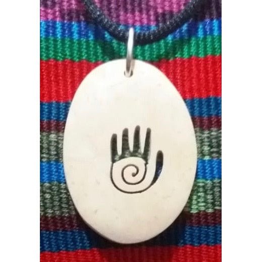 Hamsa - Heart Chakra - Reiki Heart - Hand with Spiral Coco Spirit Hand - Carved Coconut Shell Necklace - A Thread of Hope Guatemalan Fair Trade