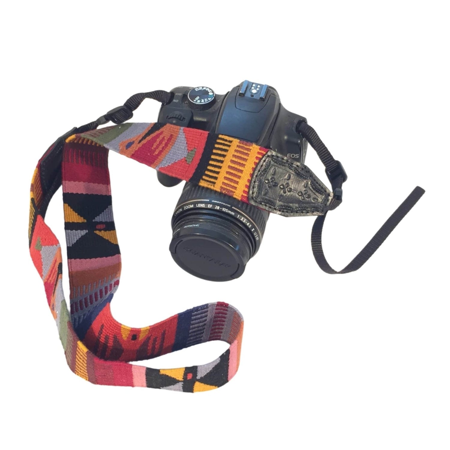 Handwoven Cotton and Leather Camera Strap - Earth Tones with Diamond Geometric Pattern - A Thread of Hope Guatemalan Fair Trade