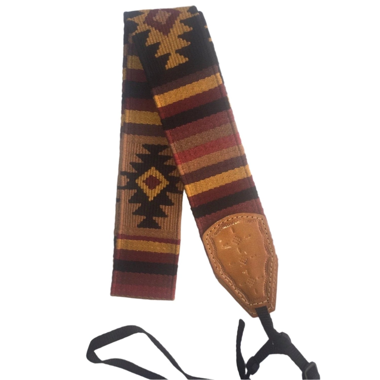 Handwoven Cotton and Leather Camera Strap - Earth Tones with Diamond Geometric Pattern - A Thread of Hope Guatemalan Fair Trade