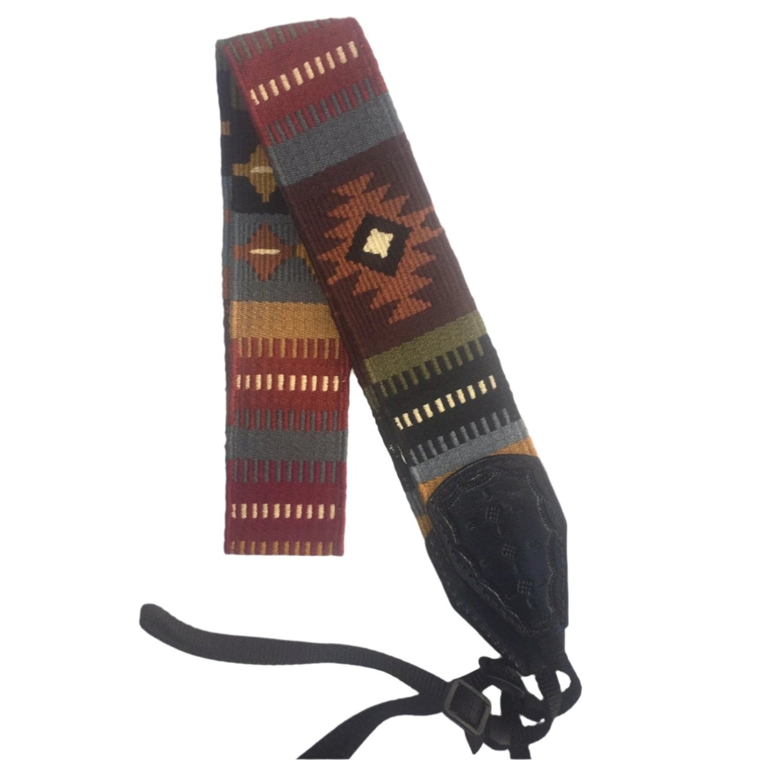 Handwoven Cotton and Leather Camera Strap - Earth Tones with Geometric Diamond Patterns - A Thread of Hope Guatemalan Fair Trade