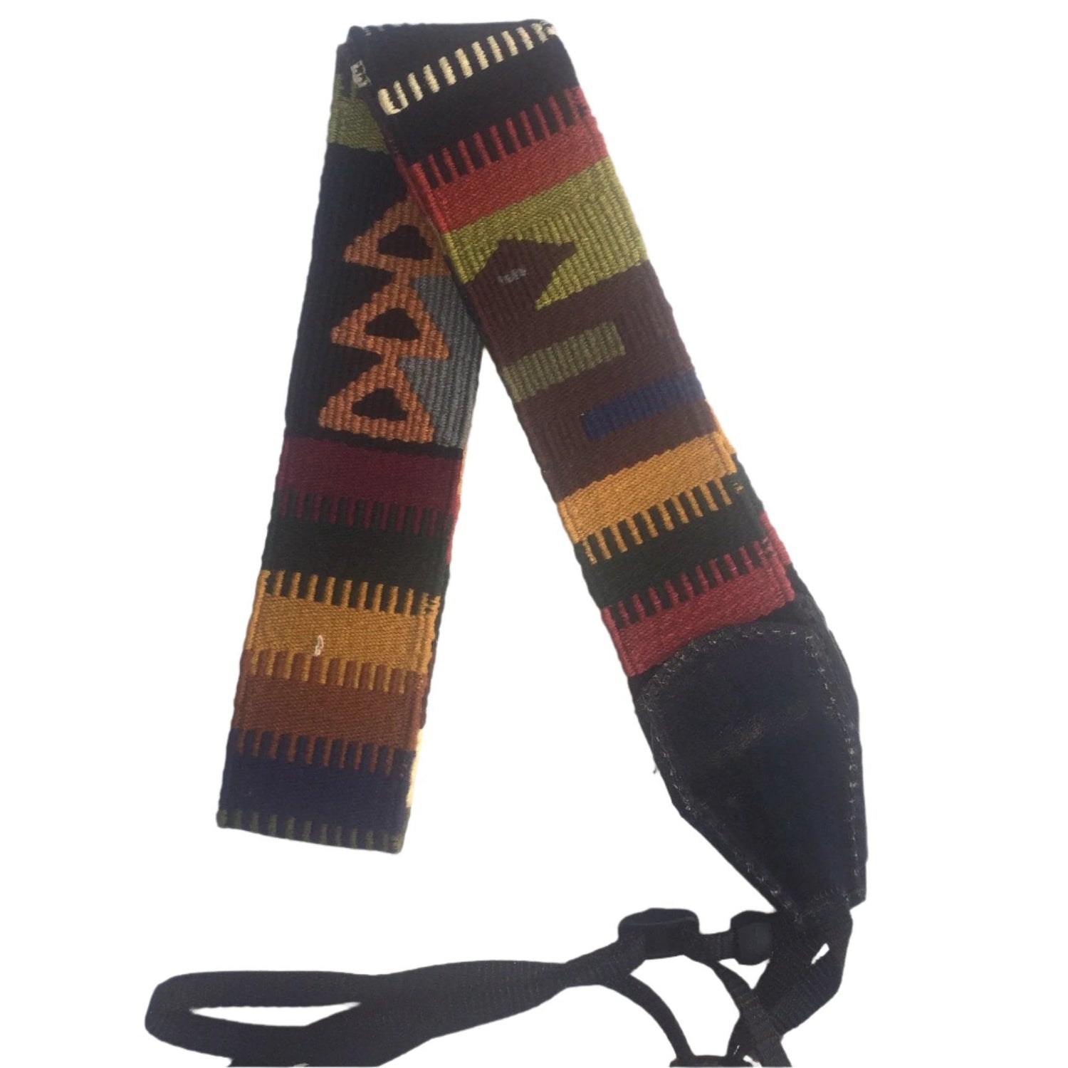 Handwoven Cotton and Leather Camera Strap - Earth Tones with Serpents and Triangles - A Thread of Hope Guatemalan Fair Trade