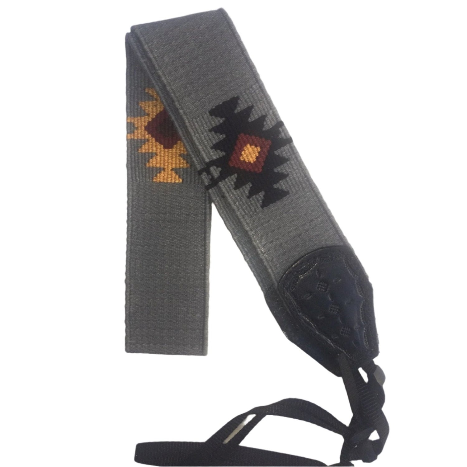 Handwoven Cotton and Leather Camera Strap - Gray with Geometric Diamond Pattern - A Thread of Hope Guatemalan Fair Trade