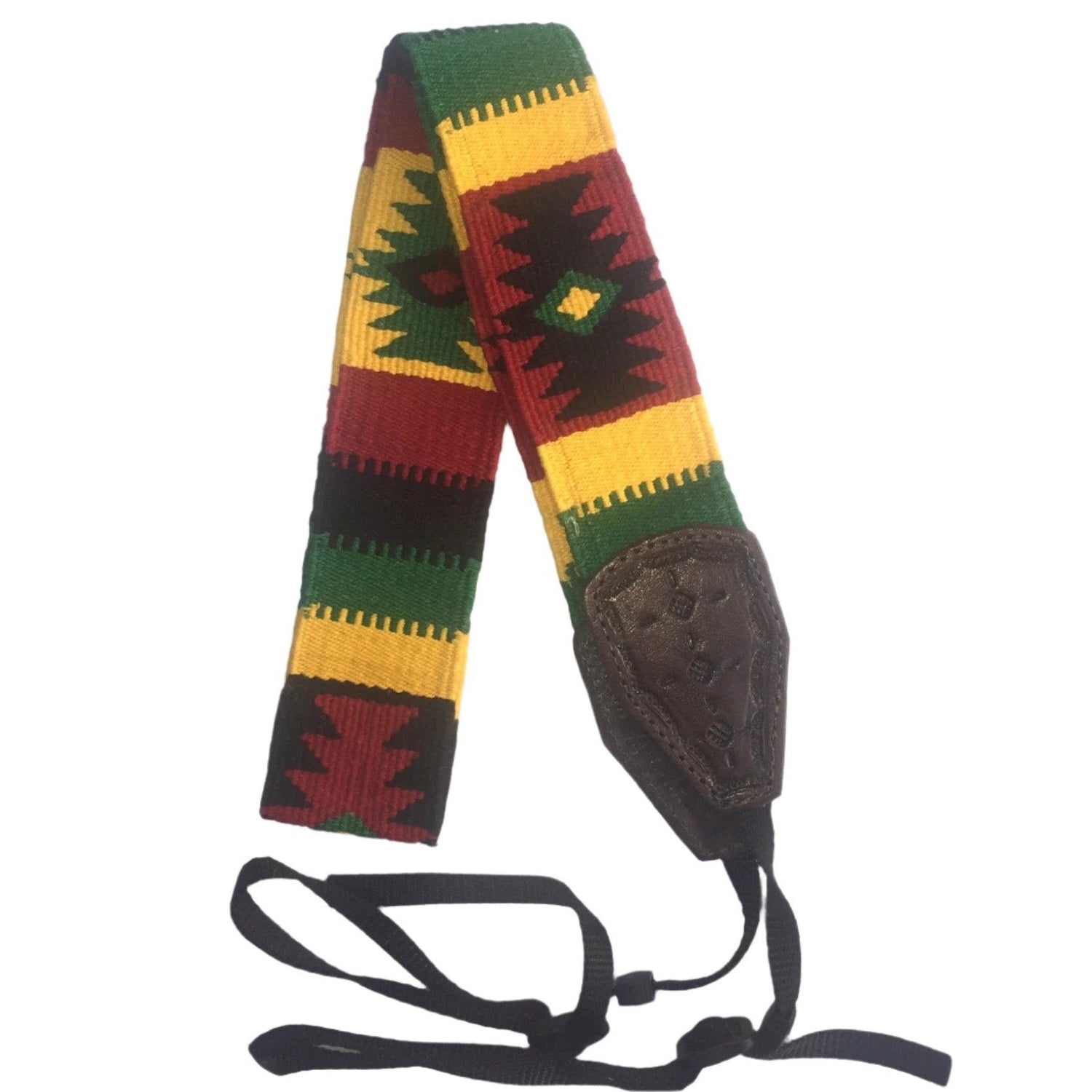 Handwoven Cotton and Leather Camera Strap - Rasta with Geometric Diamond Pattern - A Thread of Hope Guatemalan Fair Trade