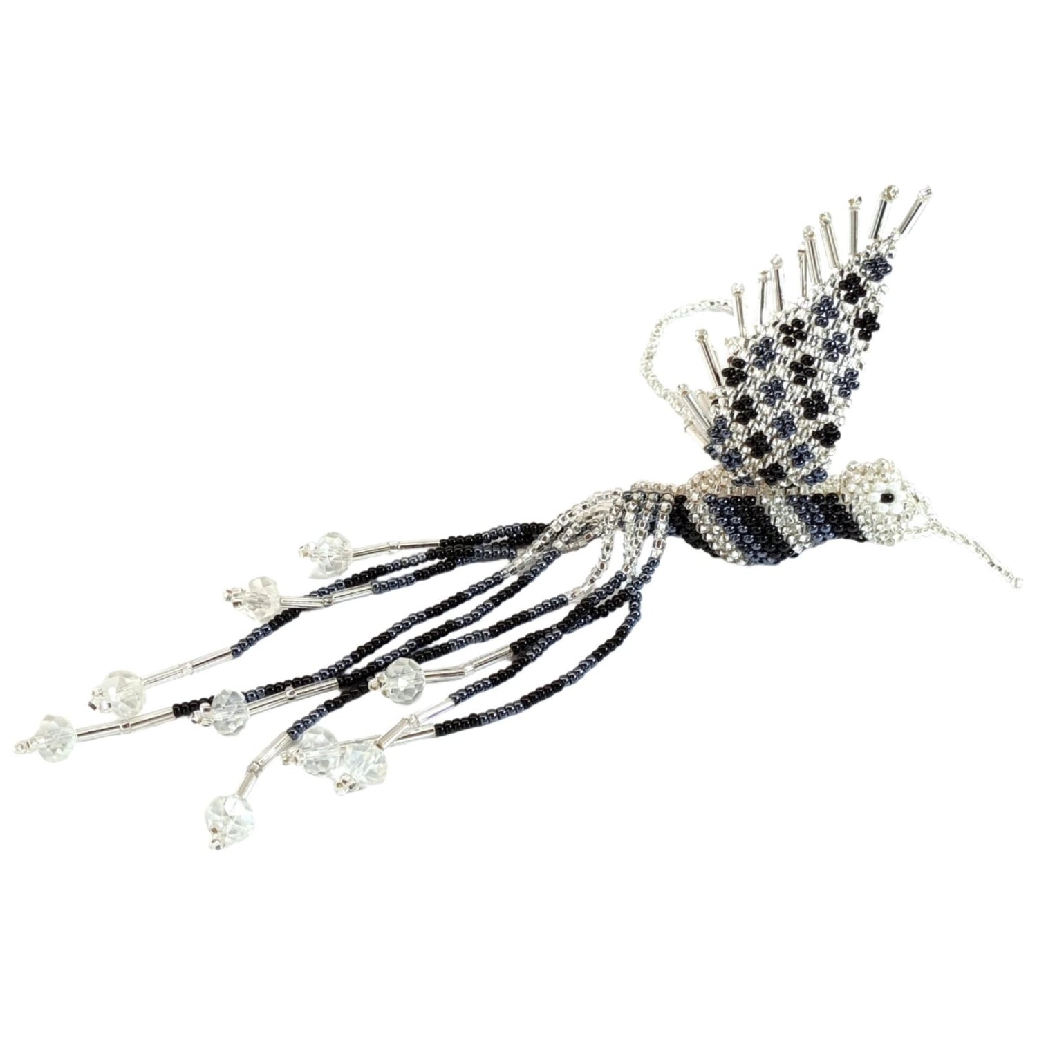 Hummingbird Beaded Ornament - Black, Hematite Gray, and Silver White - A Thread of Hope Guatemalan Fair Trade