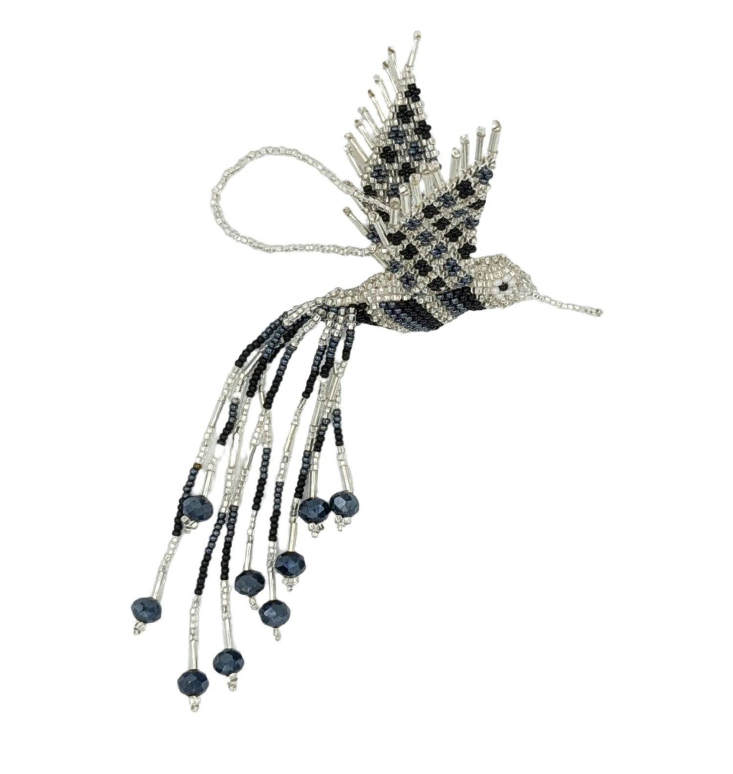 Hummingbird Beaded Ornament - Black, Hematite Gray, and Silver White - A Thread of Hope Guatemalan Fair Trade