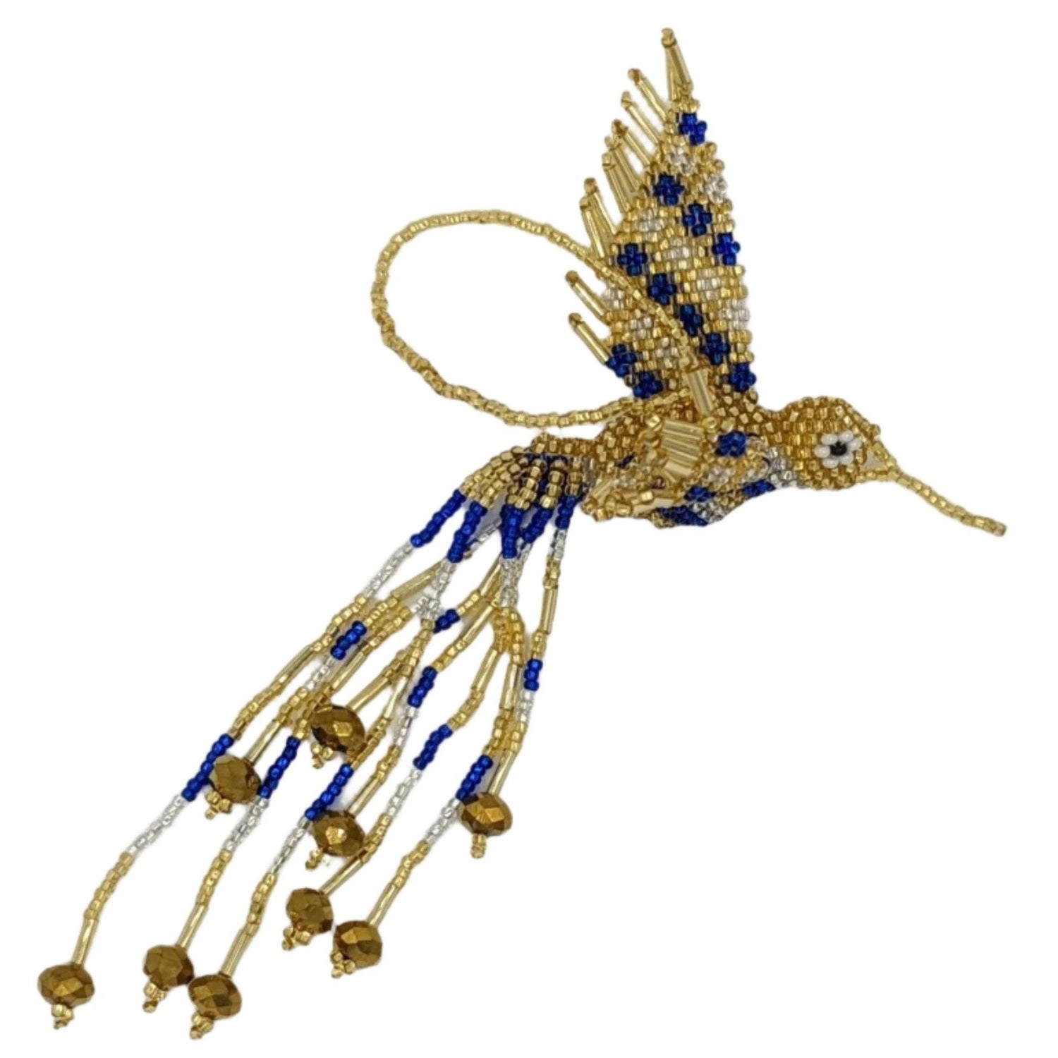 Hummingbird Beaded Ornament - Gold, Sapphire Blue, and Silver White - A Thread of Hope Guatemalan Fair Trade