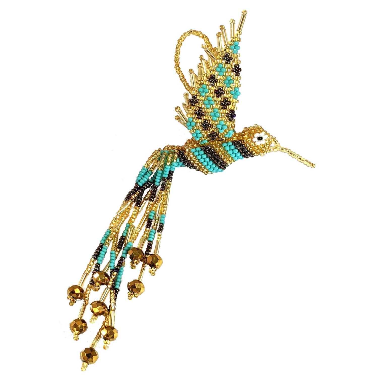 Hummingbird Beaded Ornament - Gold, Turquoise, and Iridescent Brown - A Thread of Hope Guatemalan Fair Trade