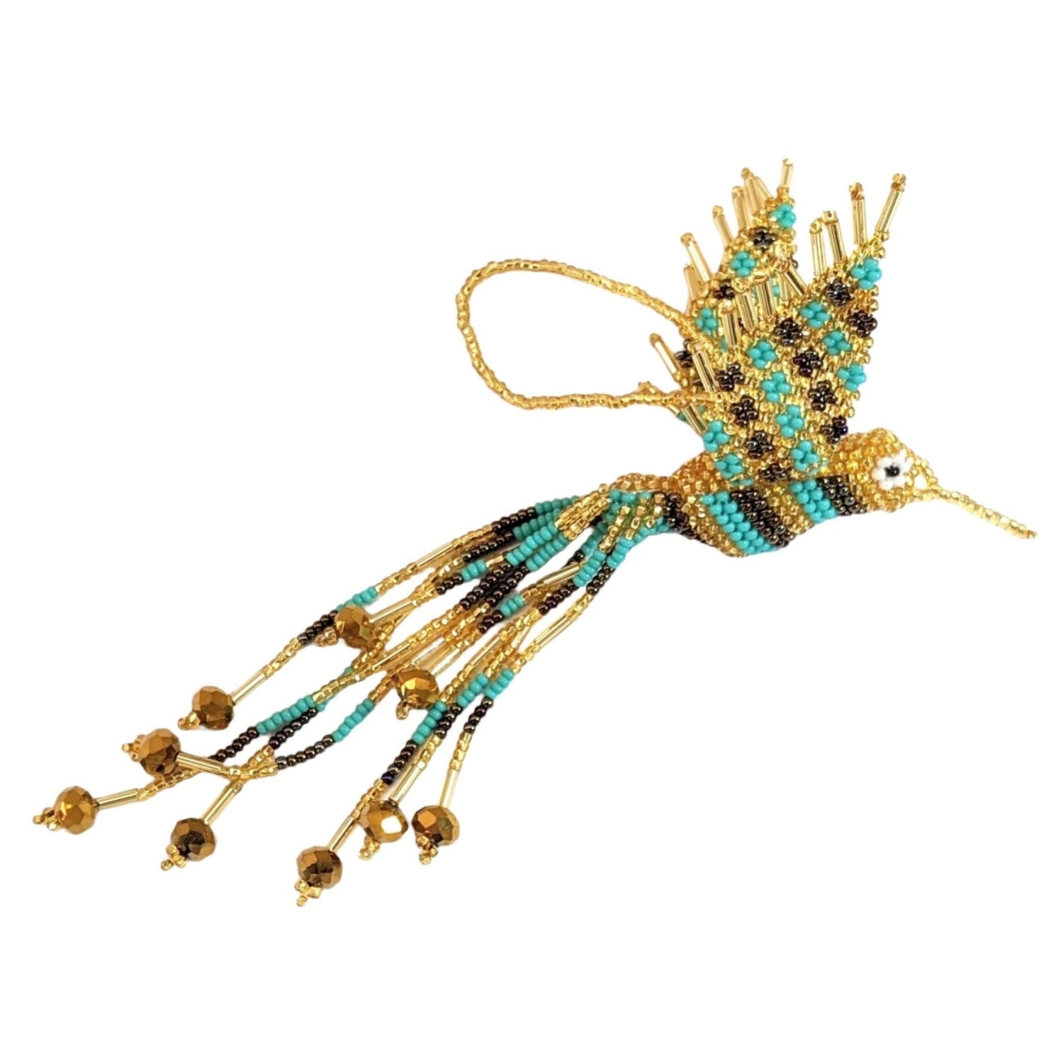 Hummingbird Beaded Ornament - Gold, Turquoise, and Iridescent Brown - A Thread of Hope Guatemalan Fair Trade