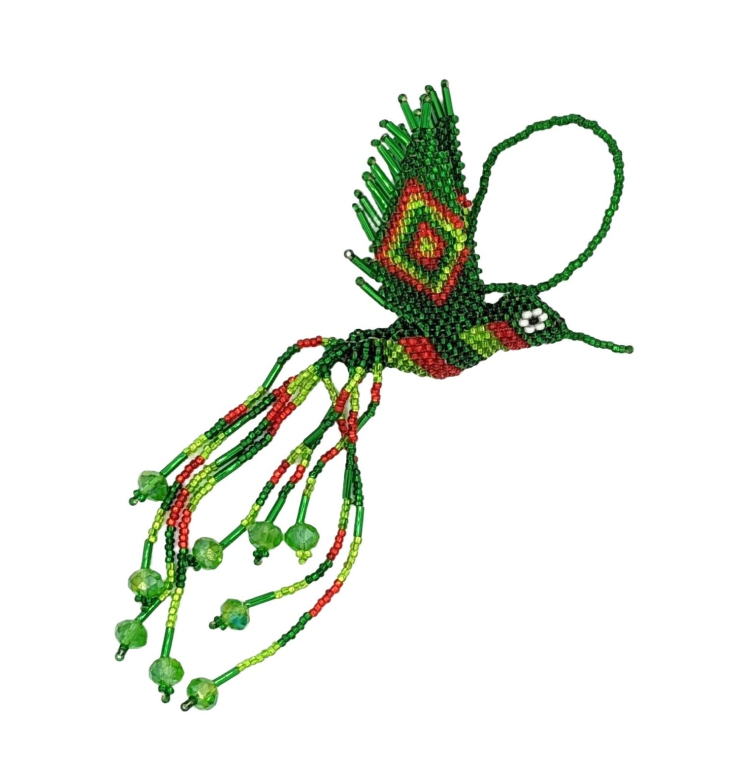 Hummingbird Beaded Ornament - Greens and Red - A Thread of Hope Guatemalan Fair Trade