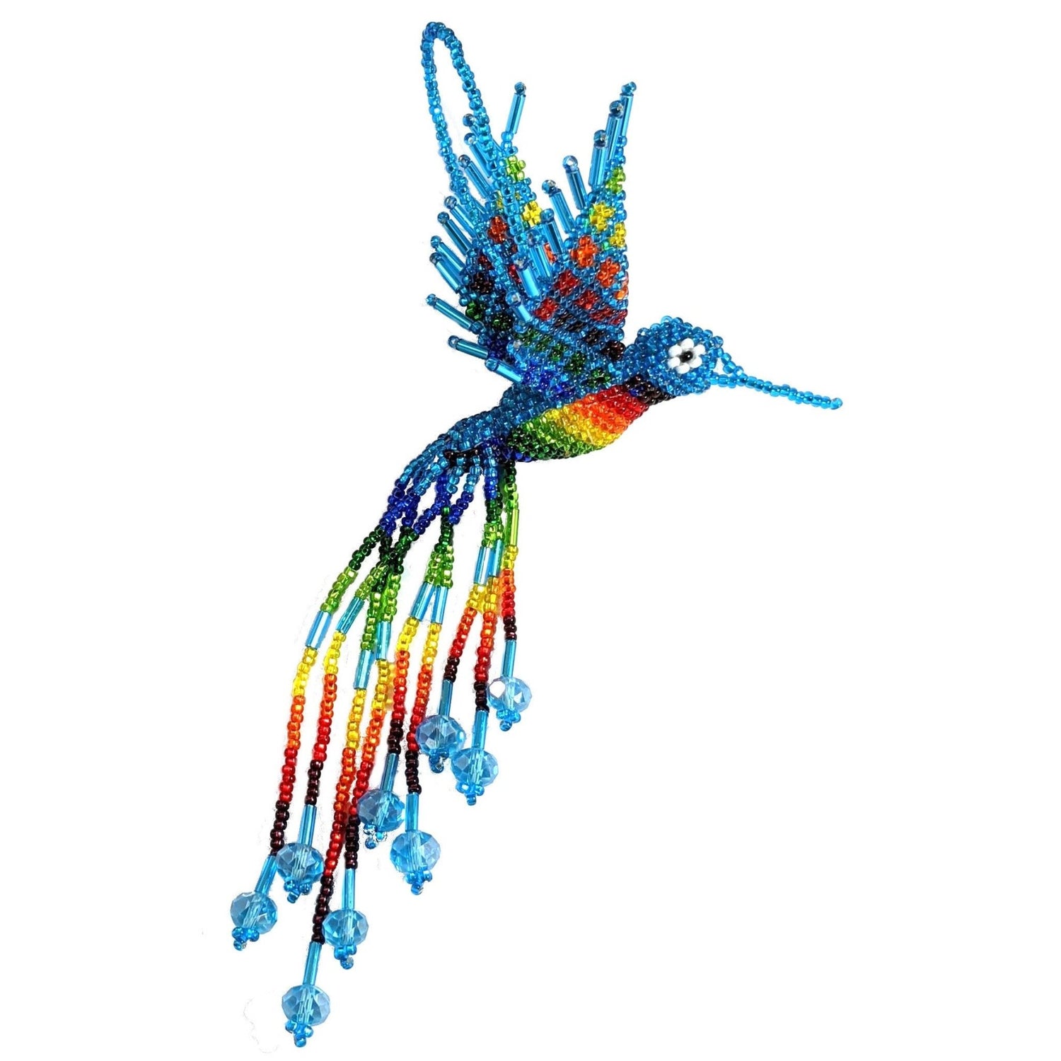 Hummingbird Beaded Ornament - Rainbow with Celestial Blue - A Thread of Hope Guatemalan Fair Trade