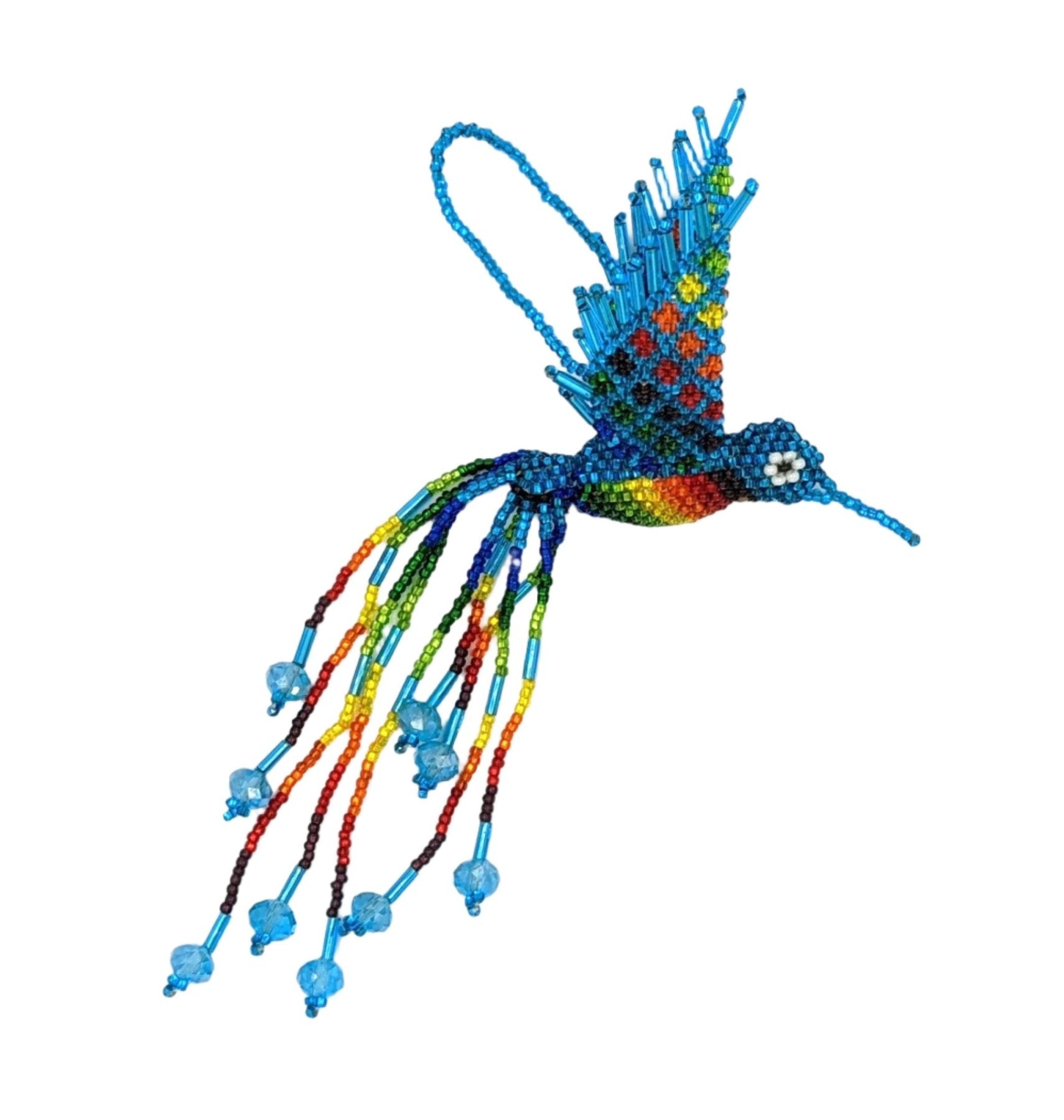 Hummingbird Beaded Ornament - Rainbow with Celestial Blue - A Thread of Hope Guatemalan Fair Trade