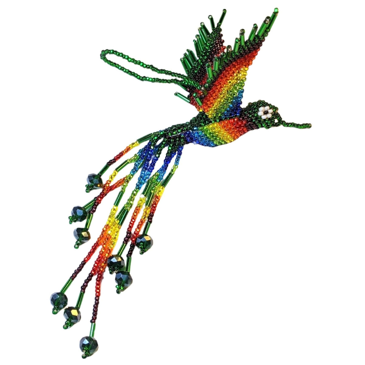 Hummingbird Beaded Ornament - Rainbow with Deep Green - A Thread of Hope Guatemalan Fair Trade