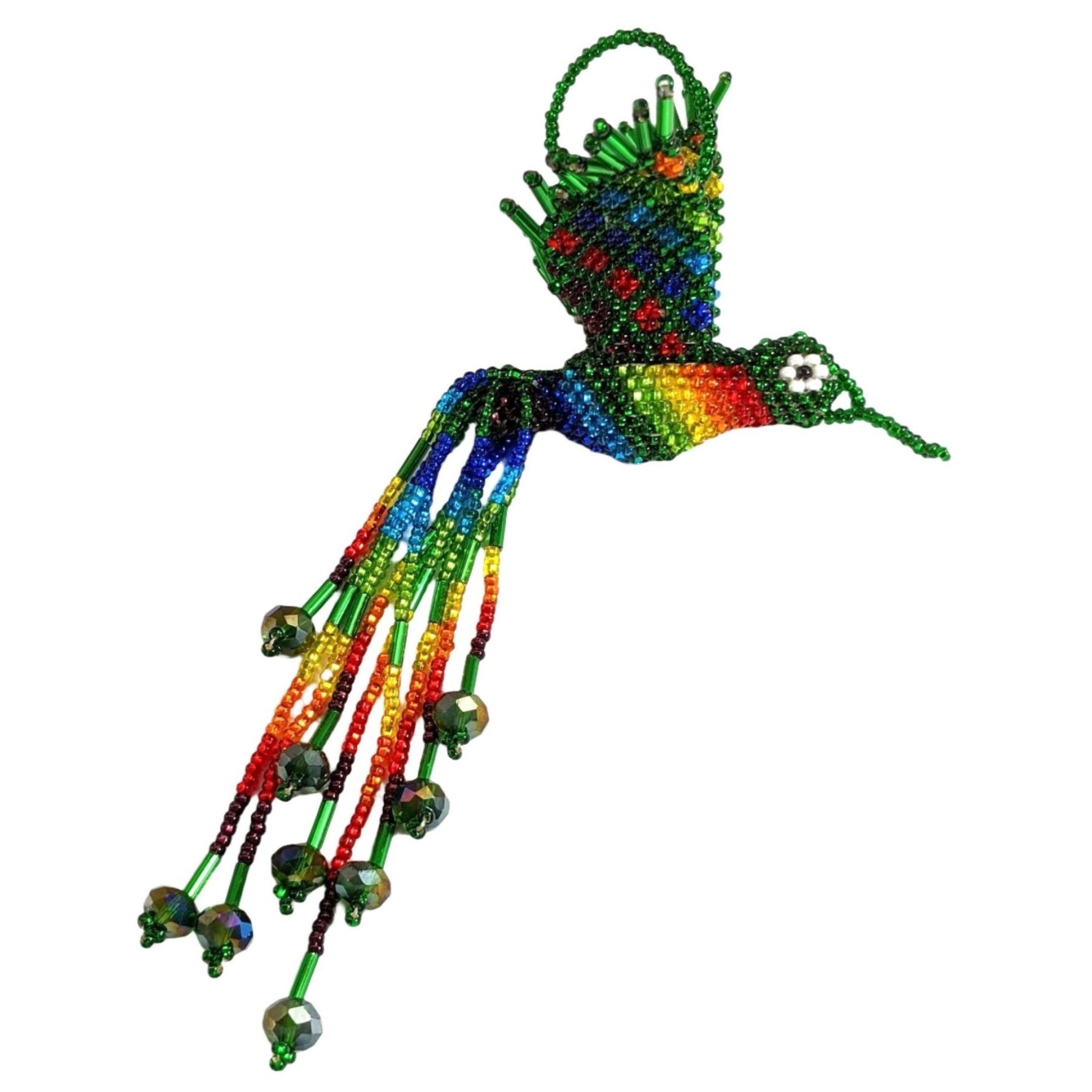 Hummingbird Beaded Ornament - Rainbow with Deep Green - A Thread of Hope Guatemalan Fair Trade